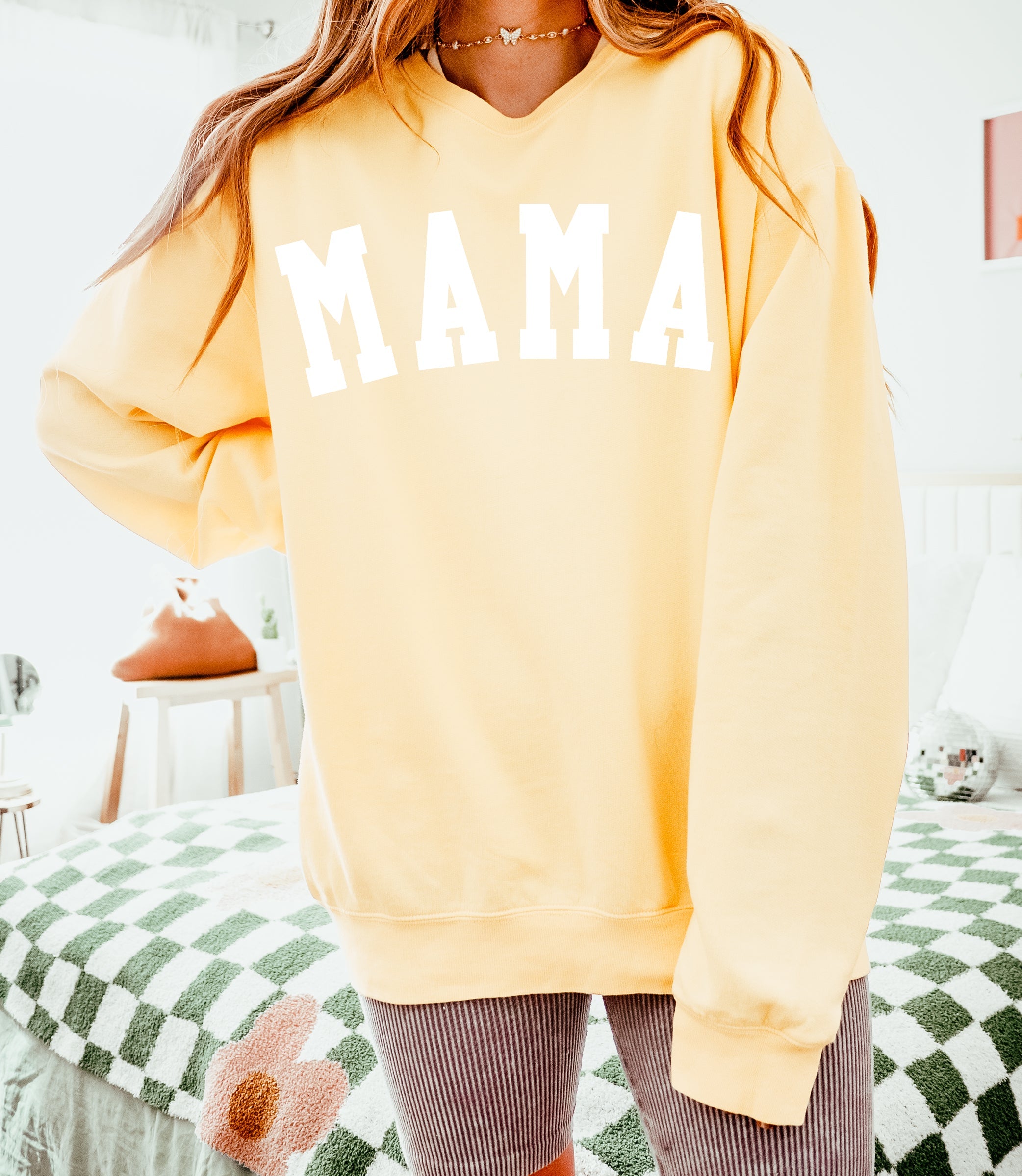 Garment-dyed Comfort Colors Mama crewneck sweatshirt in warm earth tones for cozy everyday motherhood style