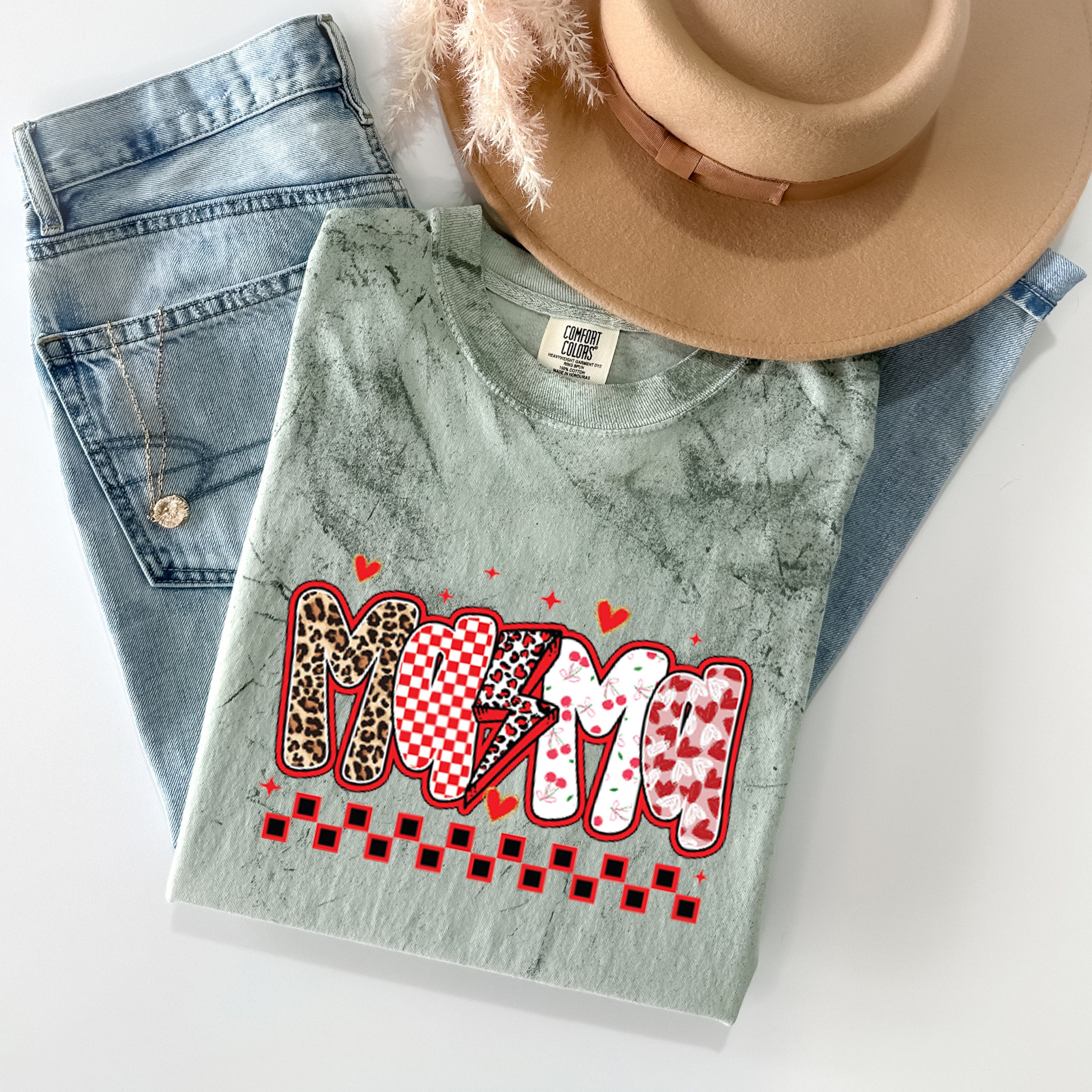 Mama Leopard Checkered Comfort Colors T Shirt