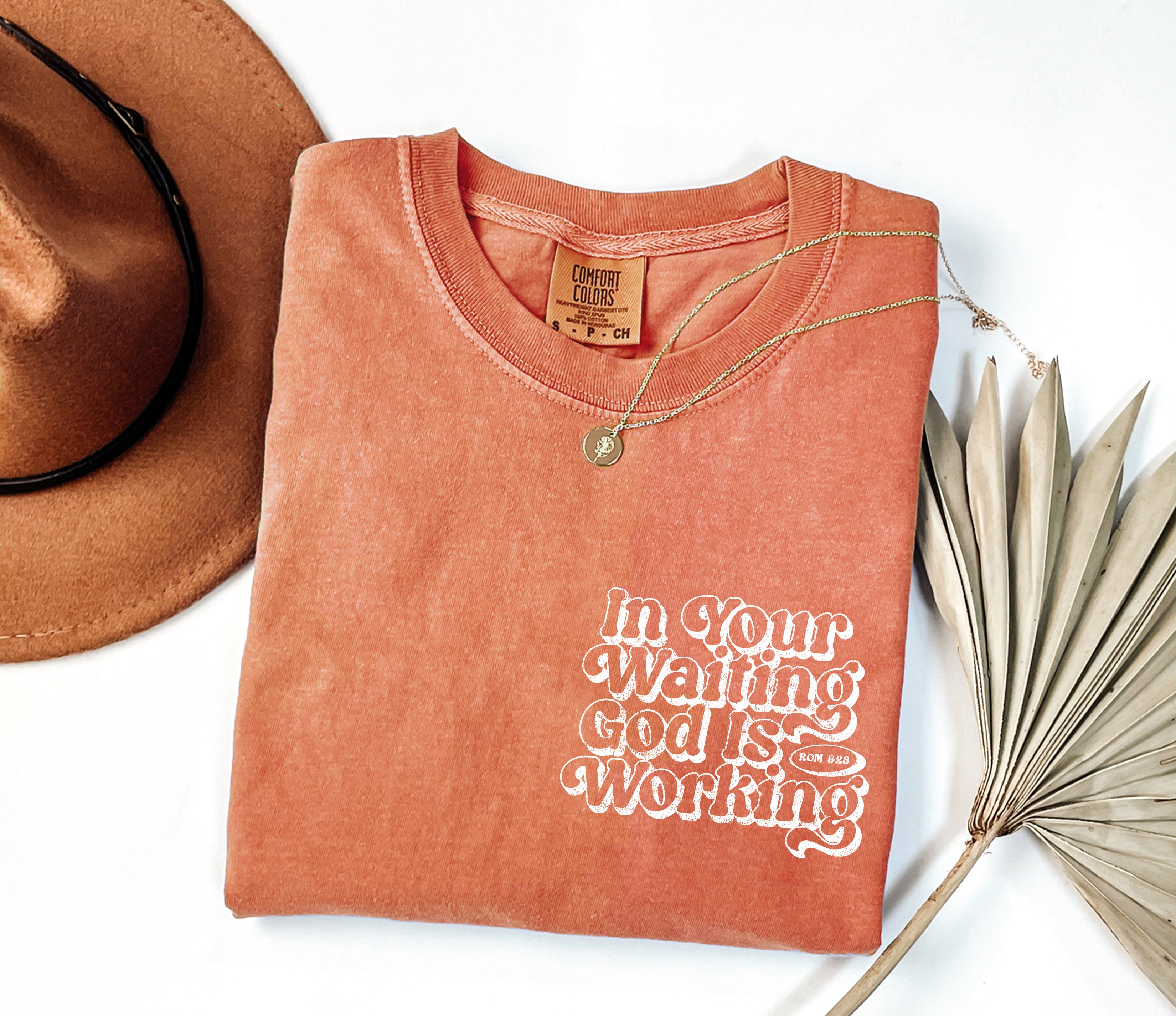 In the waiting God is working Comfort Colors T Shirt Religious Jesus Bible (Outlined Groovy)