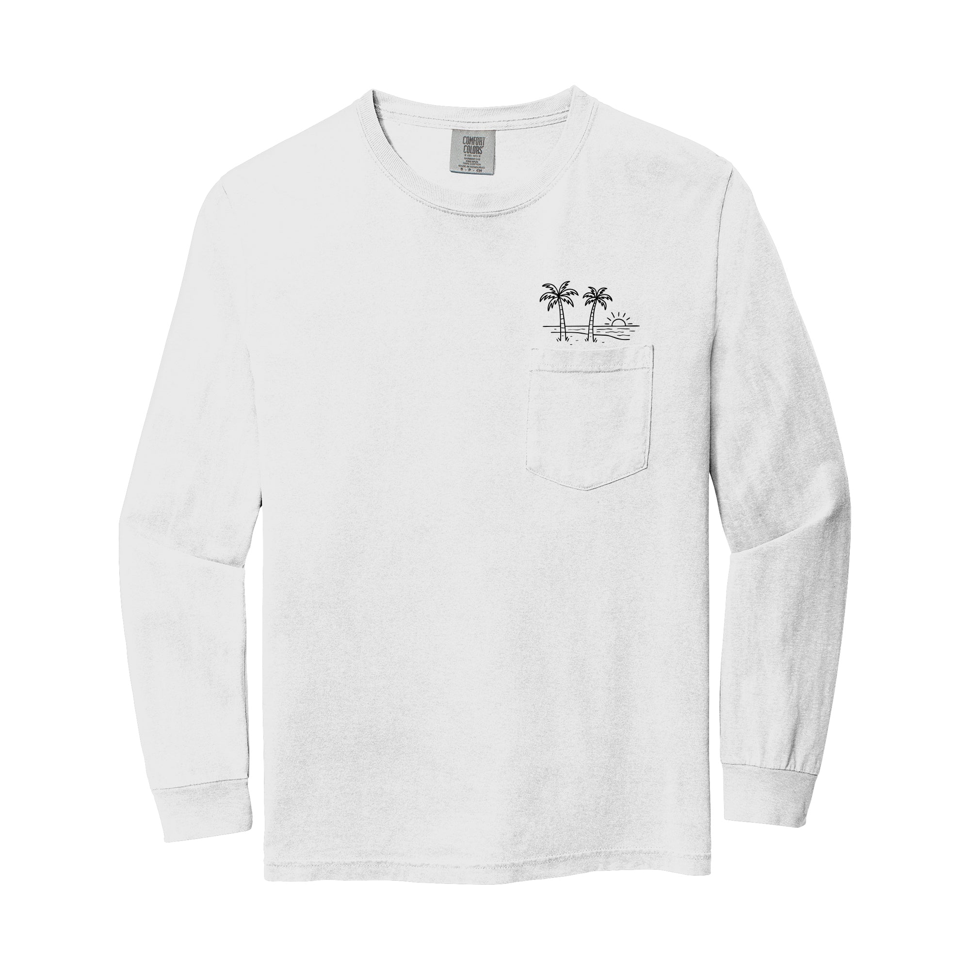 Comfort Colors Palm Tree Sun Wave Lake Beach Vacation Pocket Long Sleeve Shirt