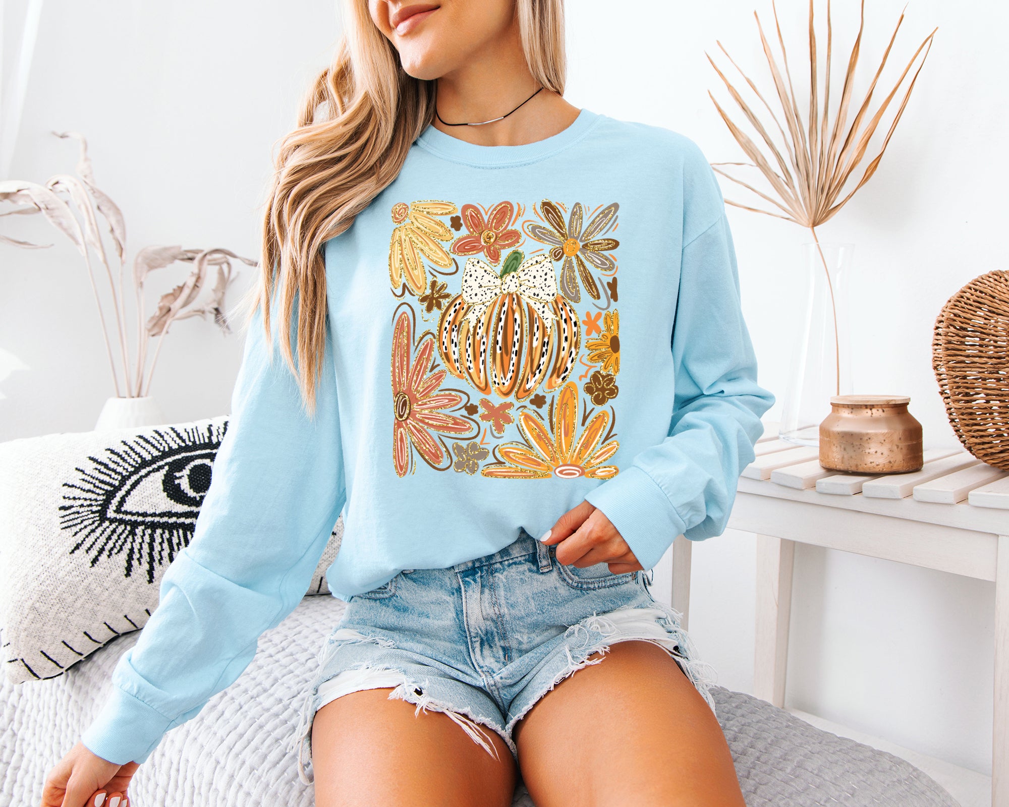 Comfort Colors Pumpkins Fall Flower Thanksgiving day Christmas Halloween Long Sleeve Shirt