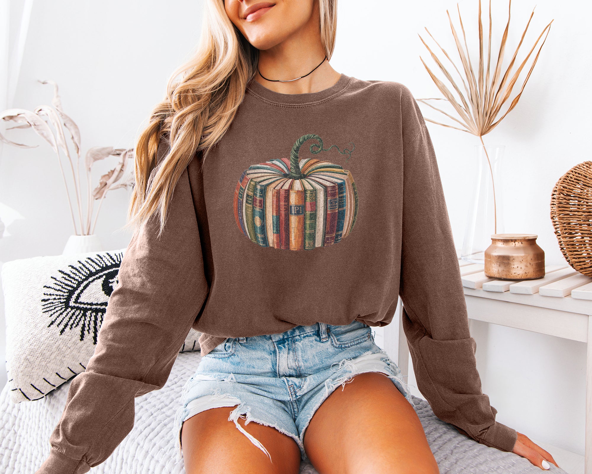 Comfort Colors Pumpkin Books Fall Thanksgiving day Christmas Halloween Long Sleeve Shirt