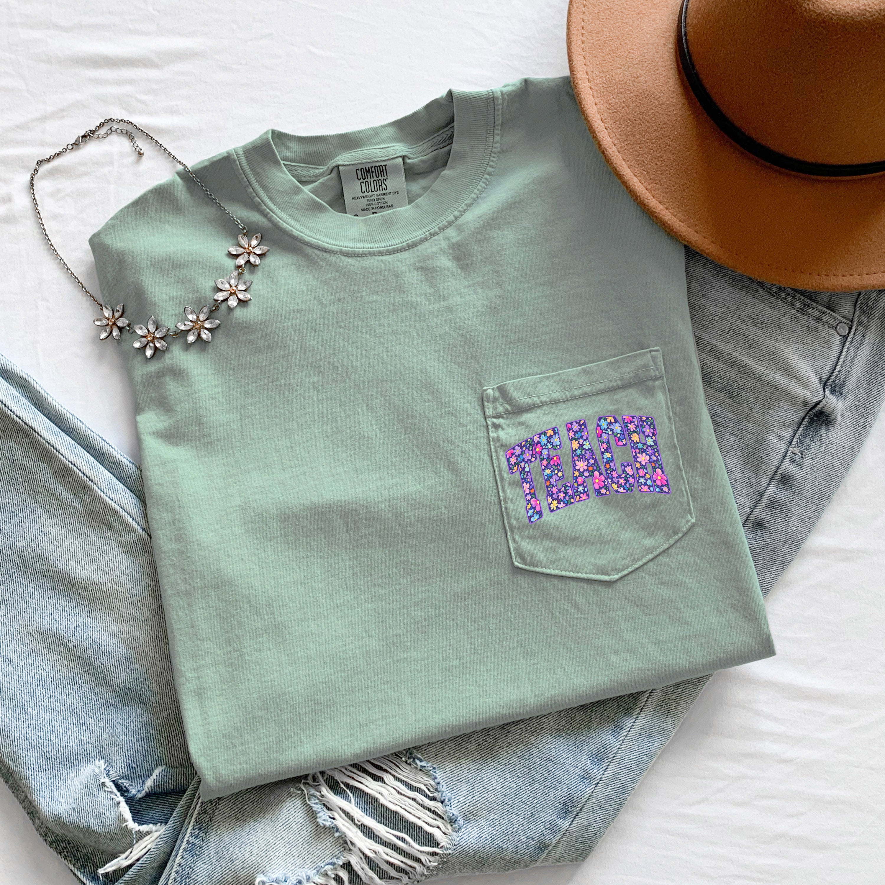 Teacher Teach back to school Comfort Colors Pocket T Shirt (Flower)
