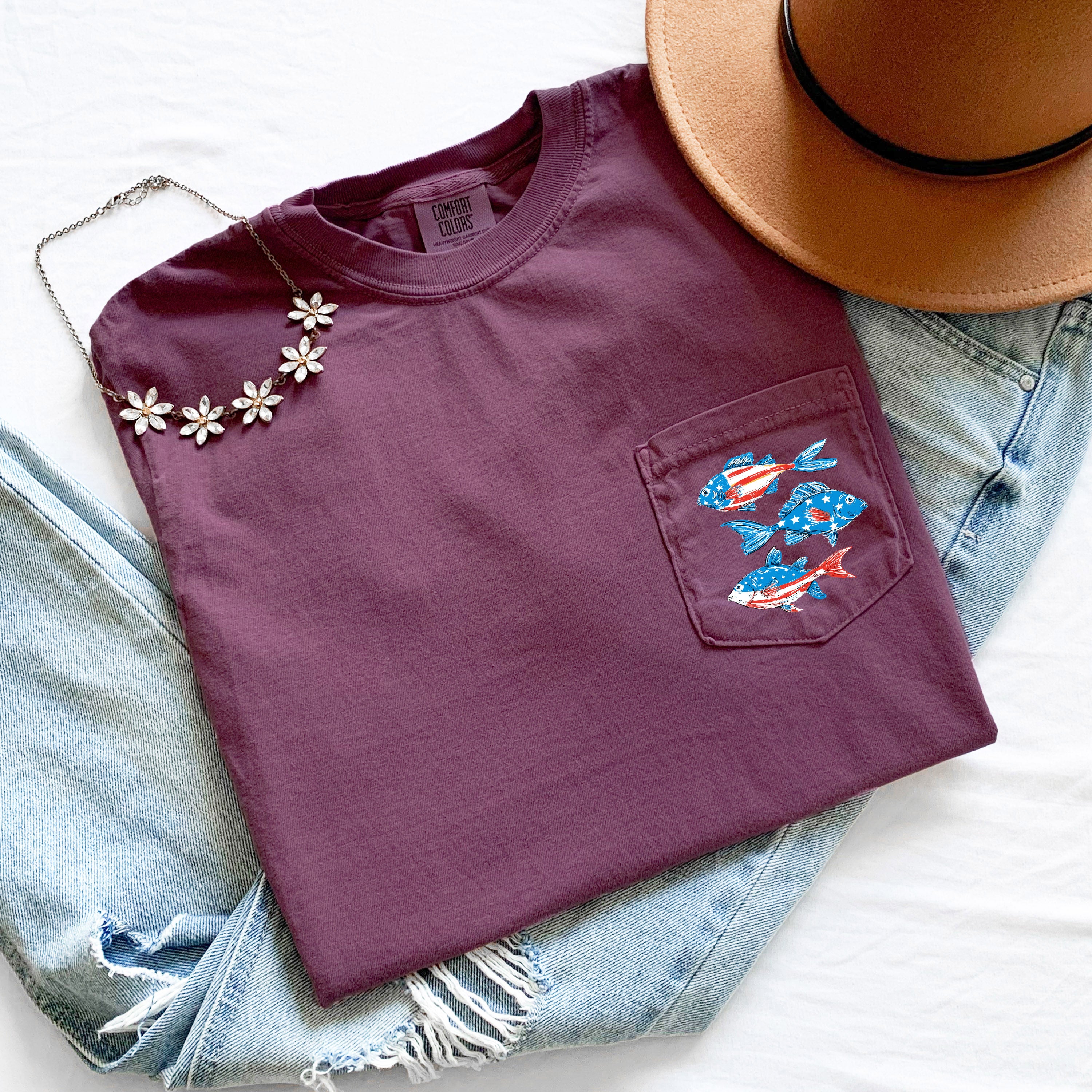American Flag USA Fish Sardines Comfort Colors Pocket T-Shirt – Independence Day & Memorial Day Patriotic Veterans