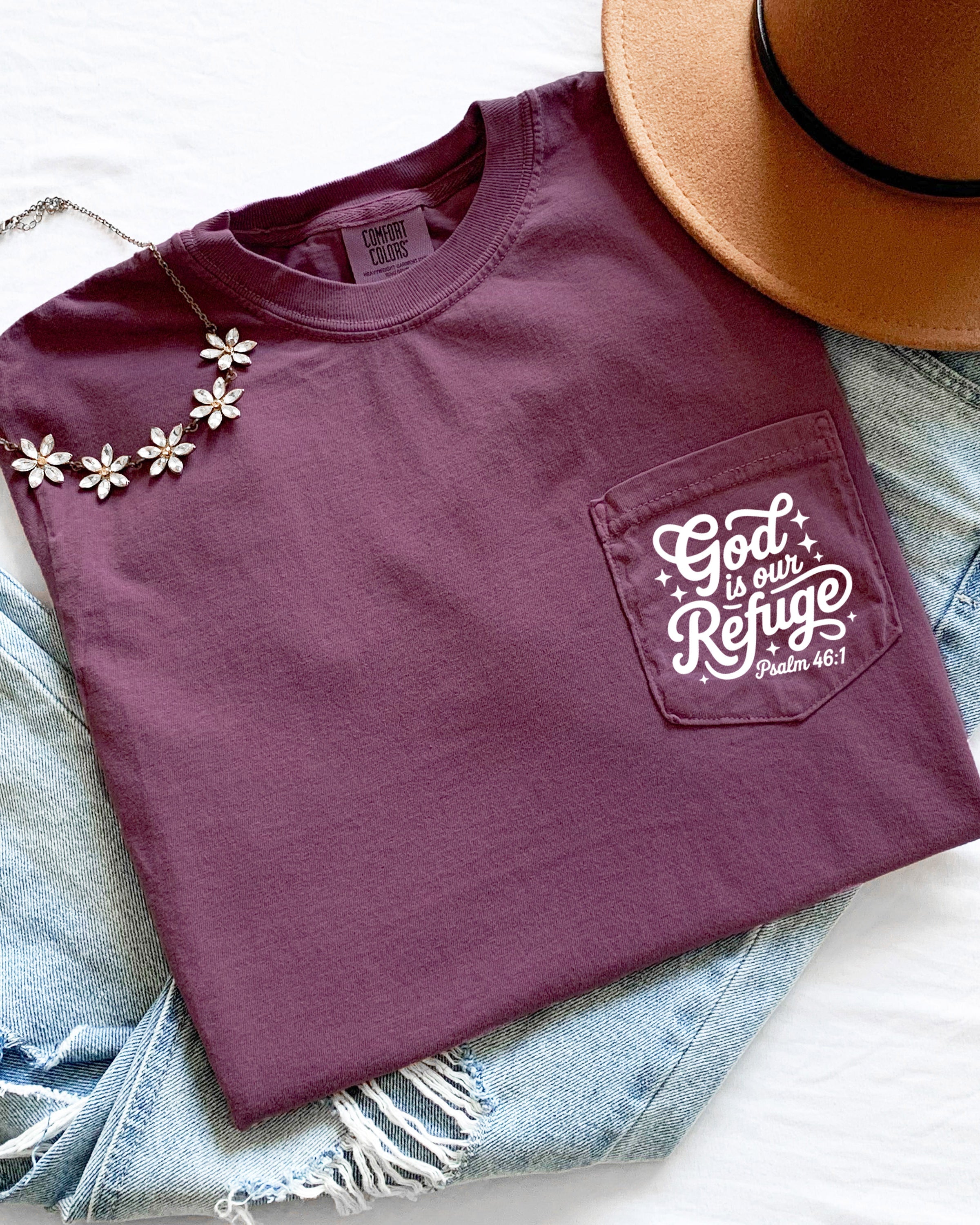 God is our Refuge Psalm Jesus Christian Comfort Colors Pocket T Shirt