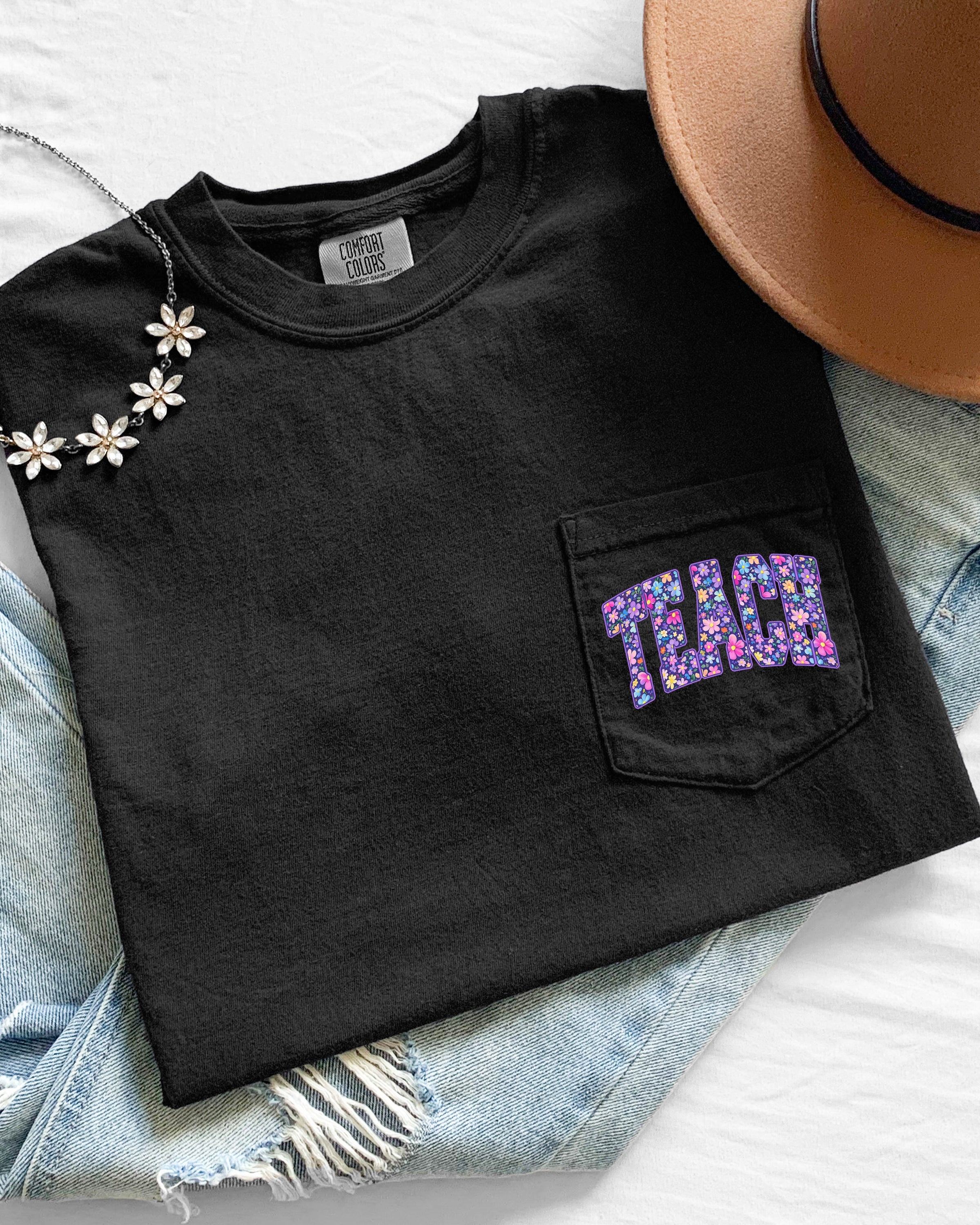 Teacher Teach back to school Comfort Colors Pocket T Shirt (Flower)