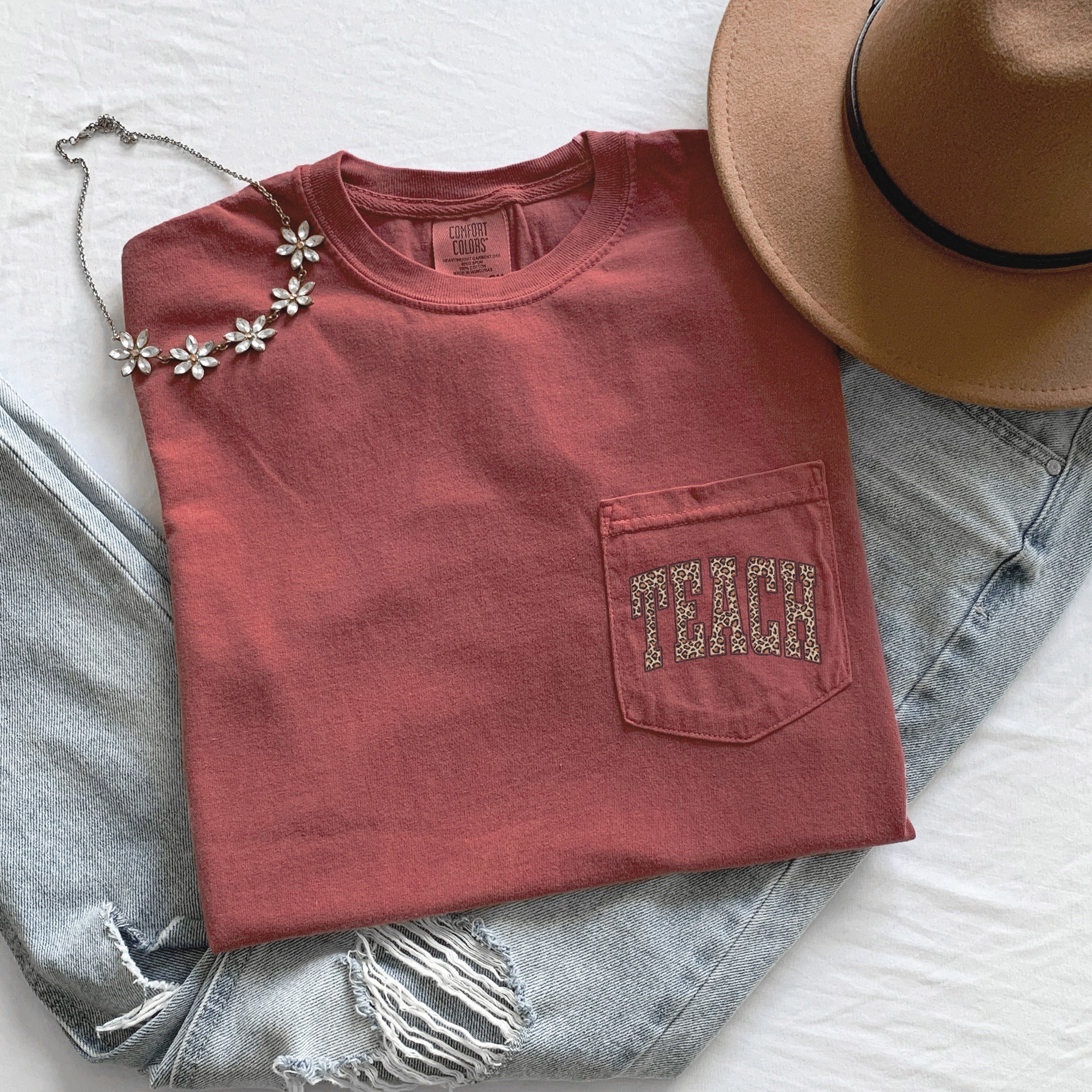 Teacher Teach back to school Comfort Colors Pocket T Shirt (Leopard)