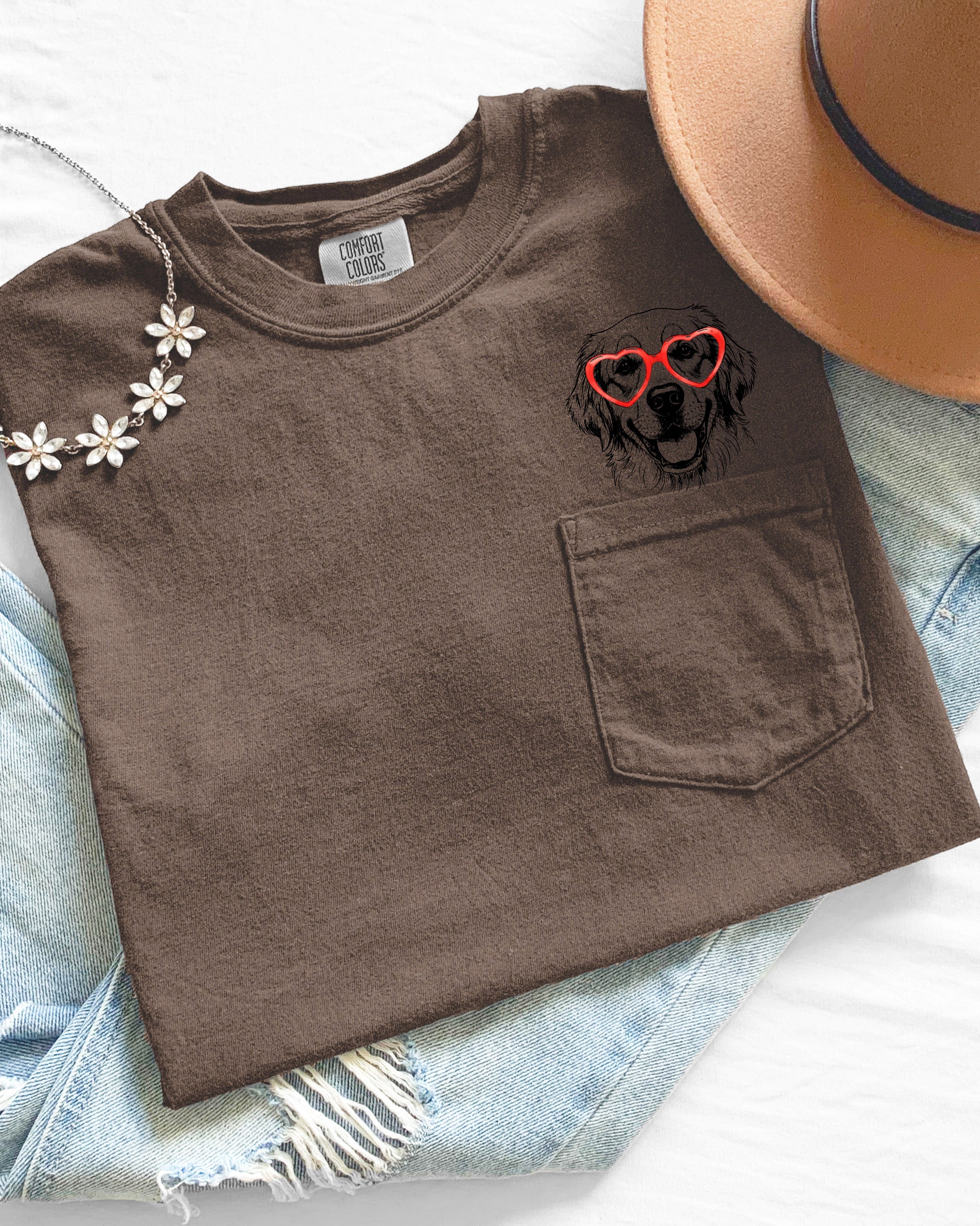 Golden Retriever Heart Glasses Dog Comfort Colors Pocket T Shirt