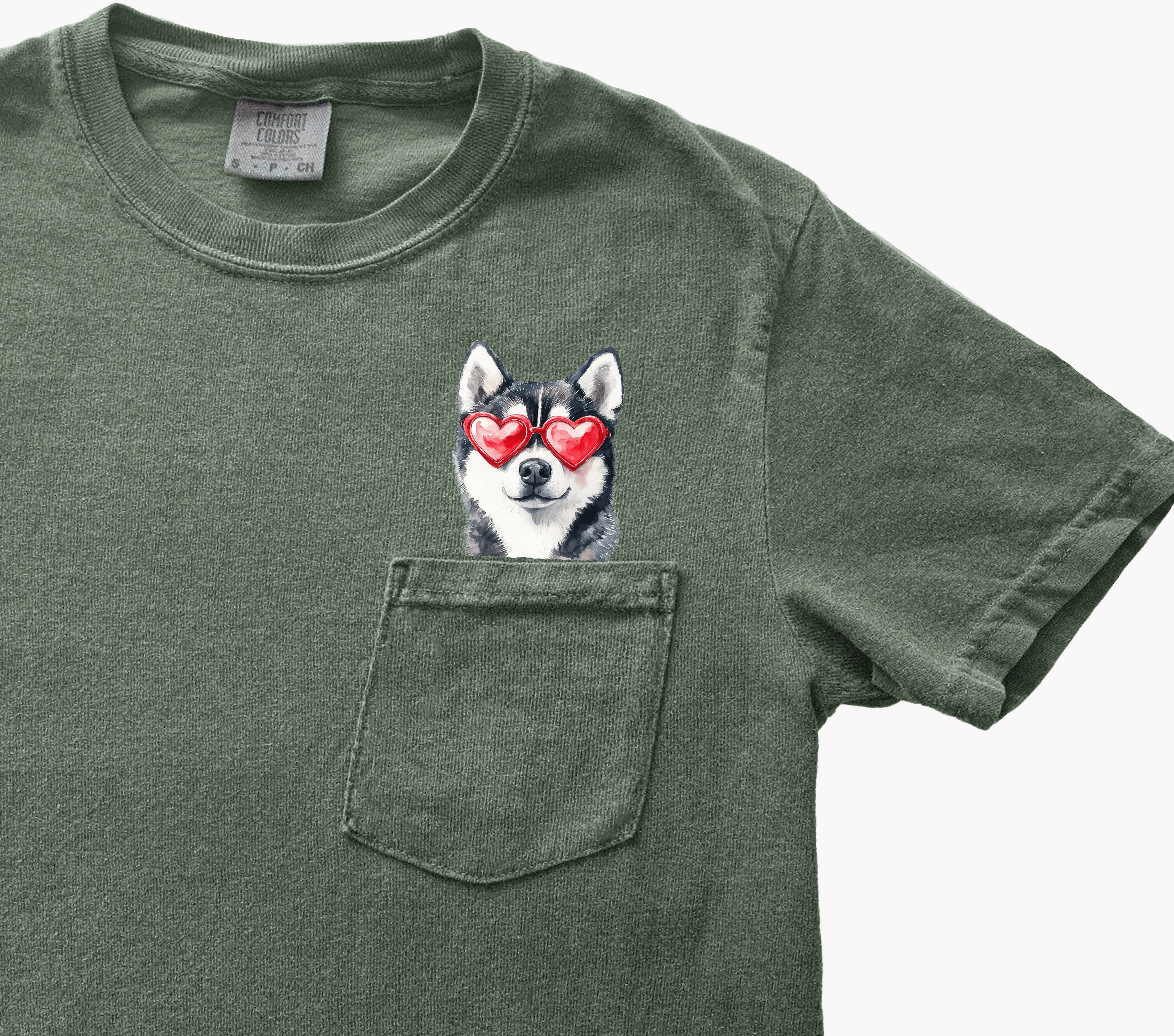 Husky Heart Glasses Dog Comfort Colors Pocket Unisex T Shirt