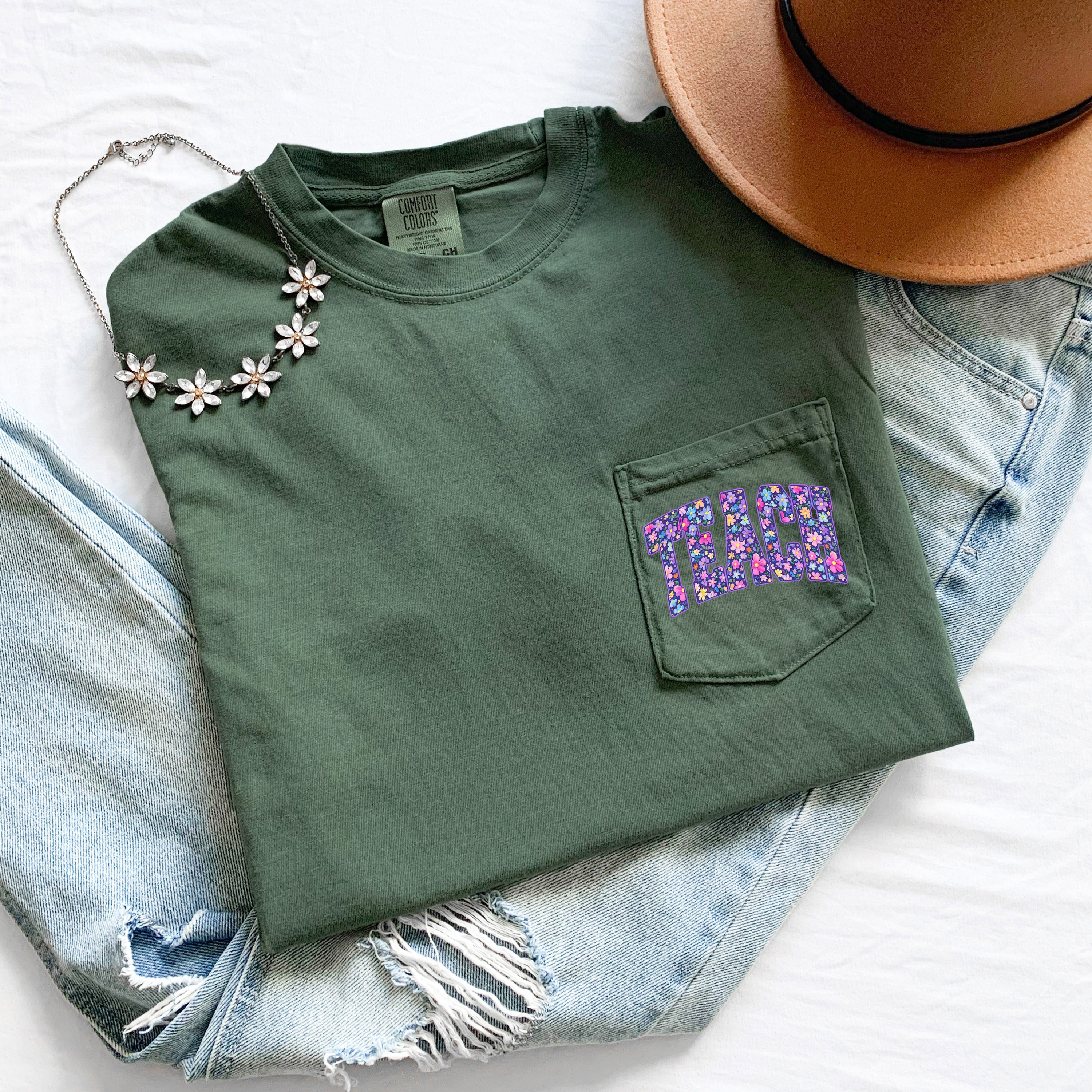 Teacher Teach back to school Comfort Colors Pocket T Shirt (Flower)