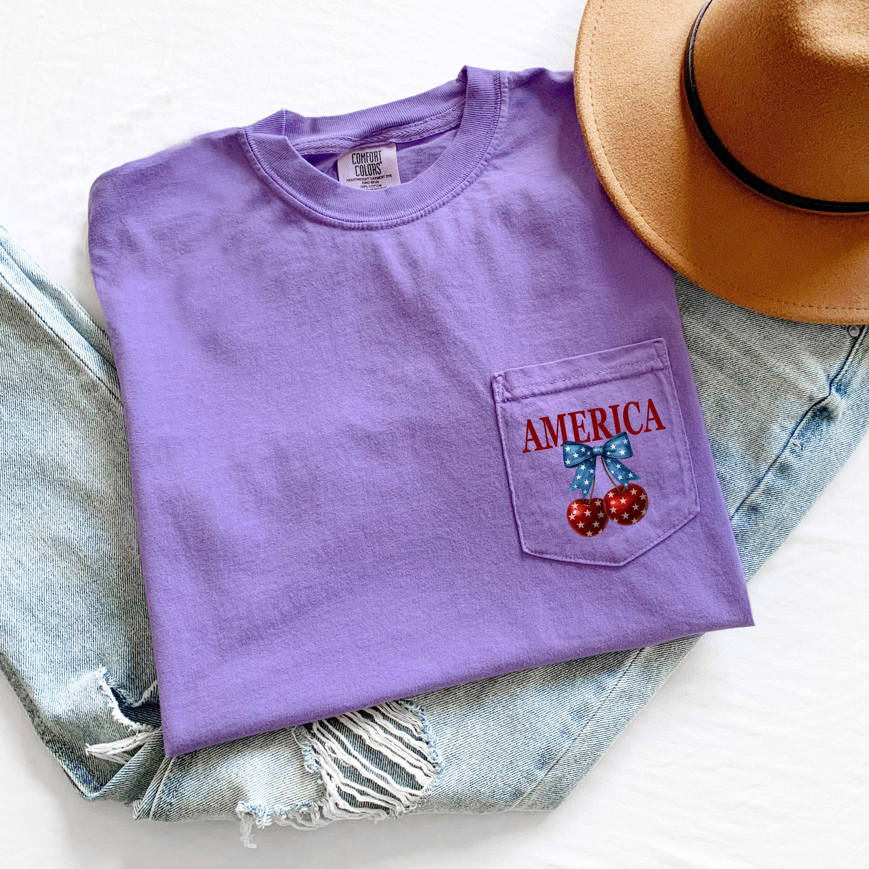 American Flag USA Cherry Comfort Colors Pocket T-Shirt – Independence Day & Memorial Day Patriotic Veterans