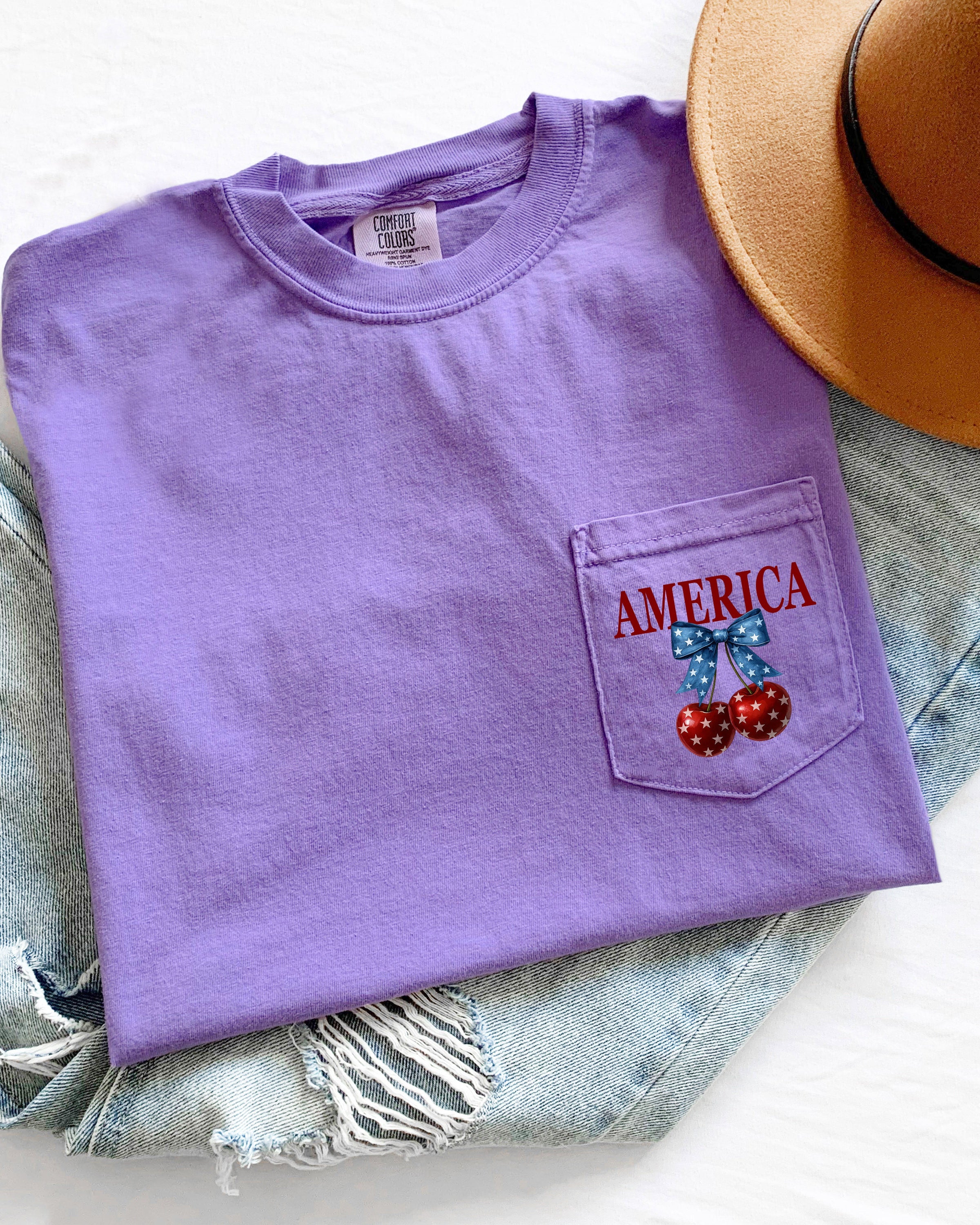 American Flag USA Cherry Comfort Colors Pocket T-Shirt – Independence Day & Memorial Day Patriotic Veterans