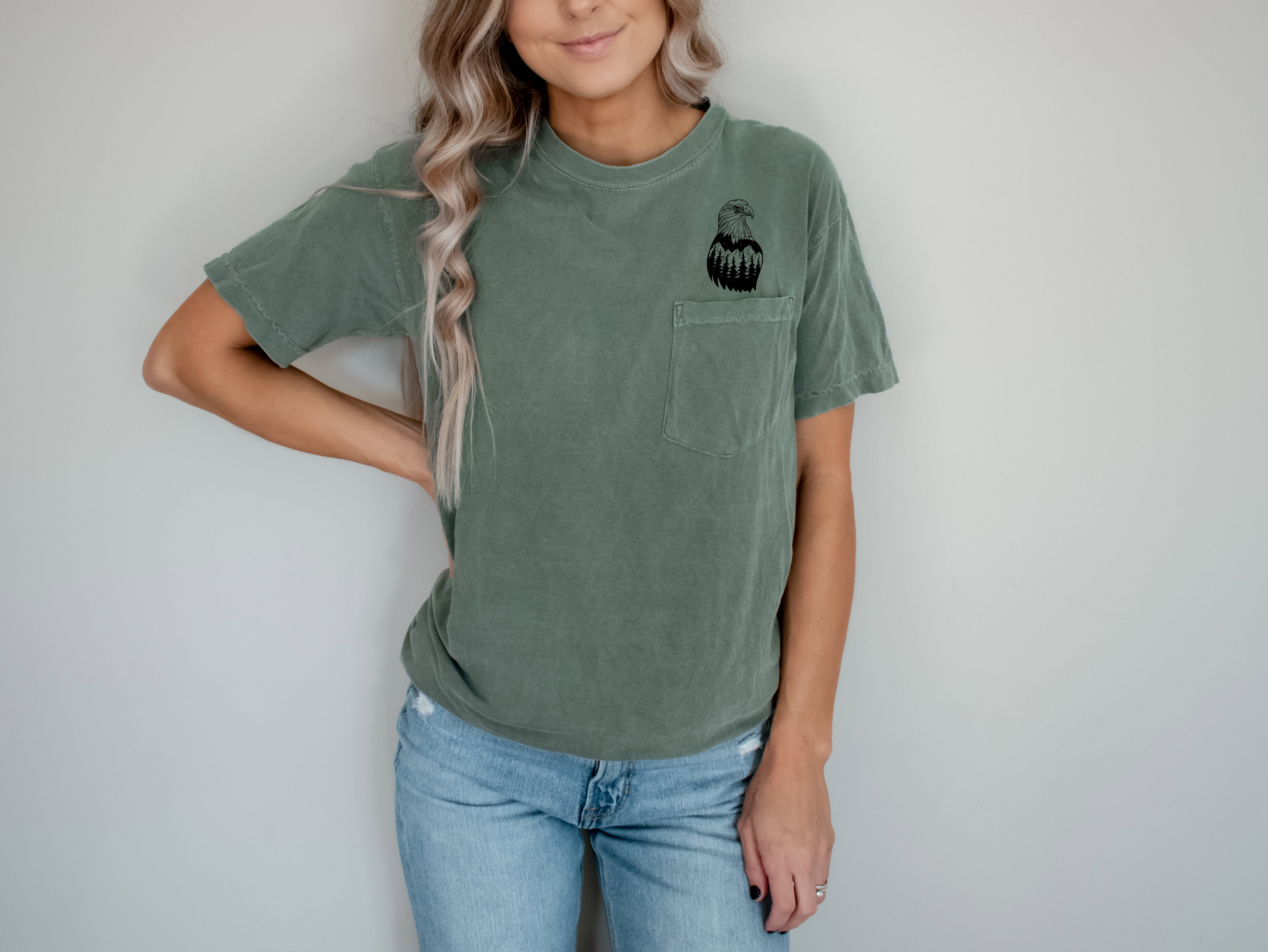 America Eagle Mountain Camping Nature 100% cotton Comfort Colors Pocket T-Shirt – Outdoor Graphic Tee