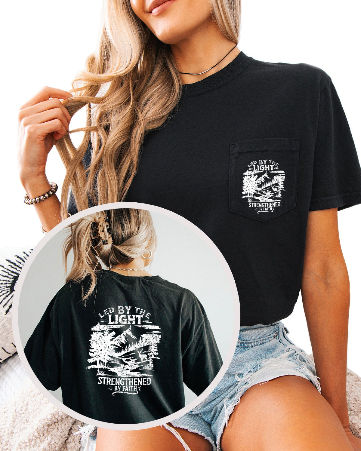 Led by Light Faith Christian Comfort Colors Pocket T Shirt