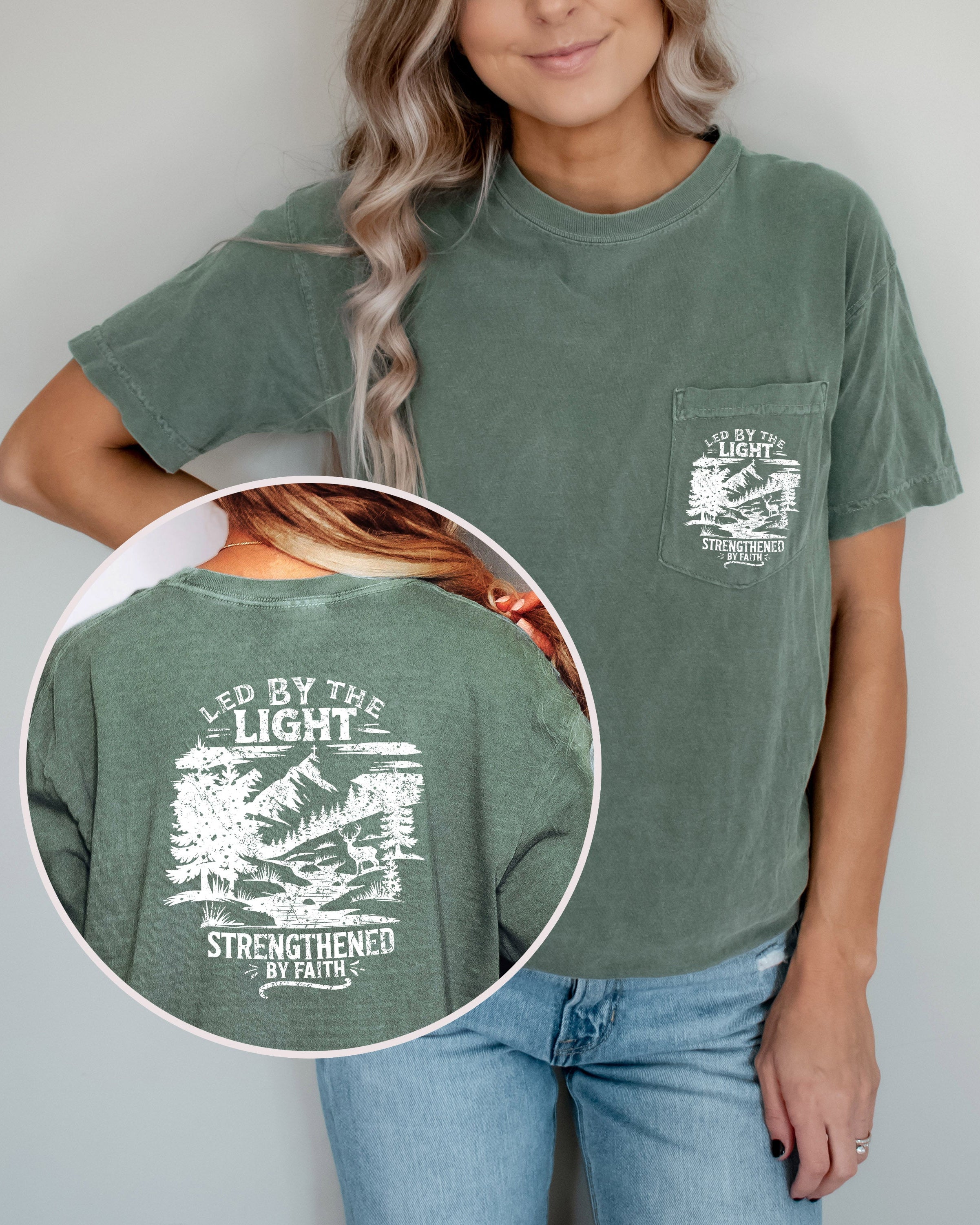 Led by Light Faith Christian Comfort Colors Pocket T Shirt