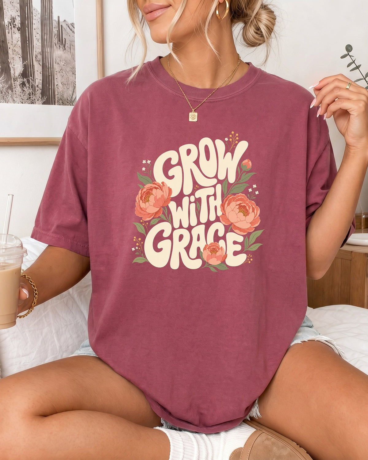 Grow With Grace Christian Flower Comfort Colors T-Shirt, Jesus Bible Gift