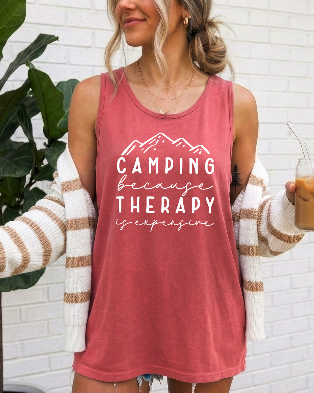 Camping Therapy Comfort Colors Tank Top – Mountain Hiking Camping Vacation Nature Lake Beach Graphic