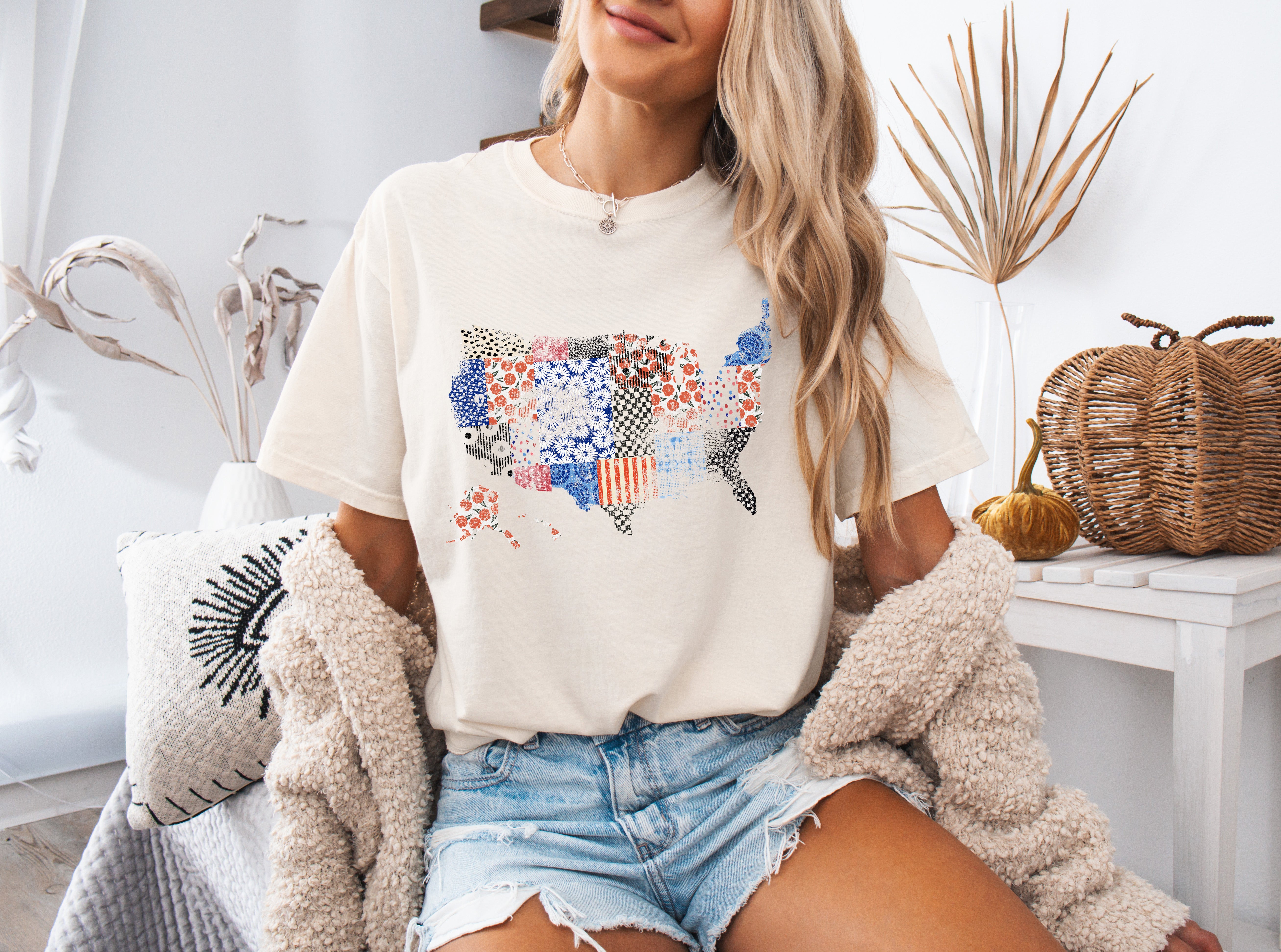 America map USA map Flag flower Garment Dyed T Shirt