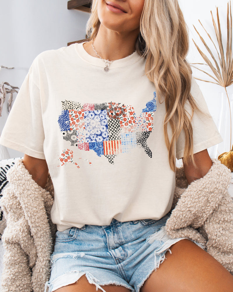 America map USA map Flag flower Garment Dyed T Shirt