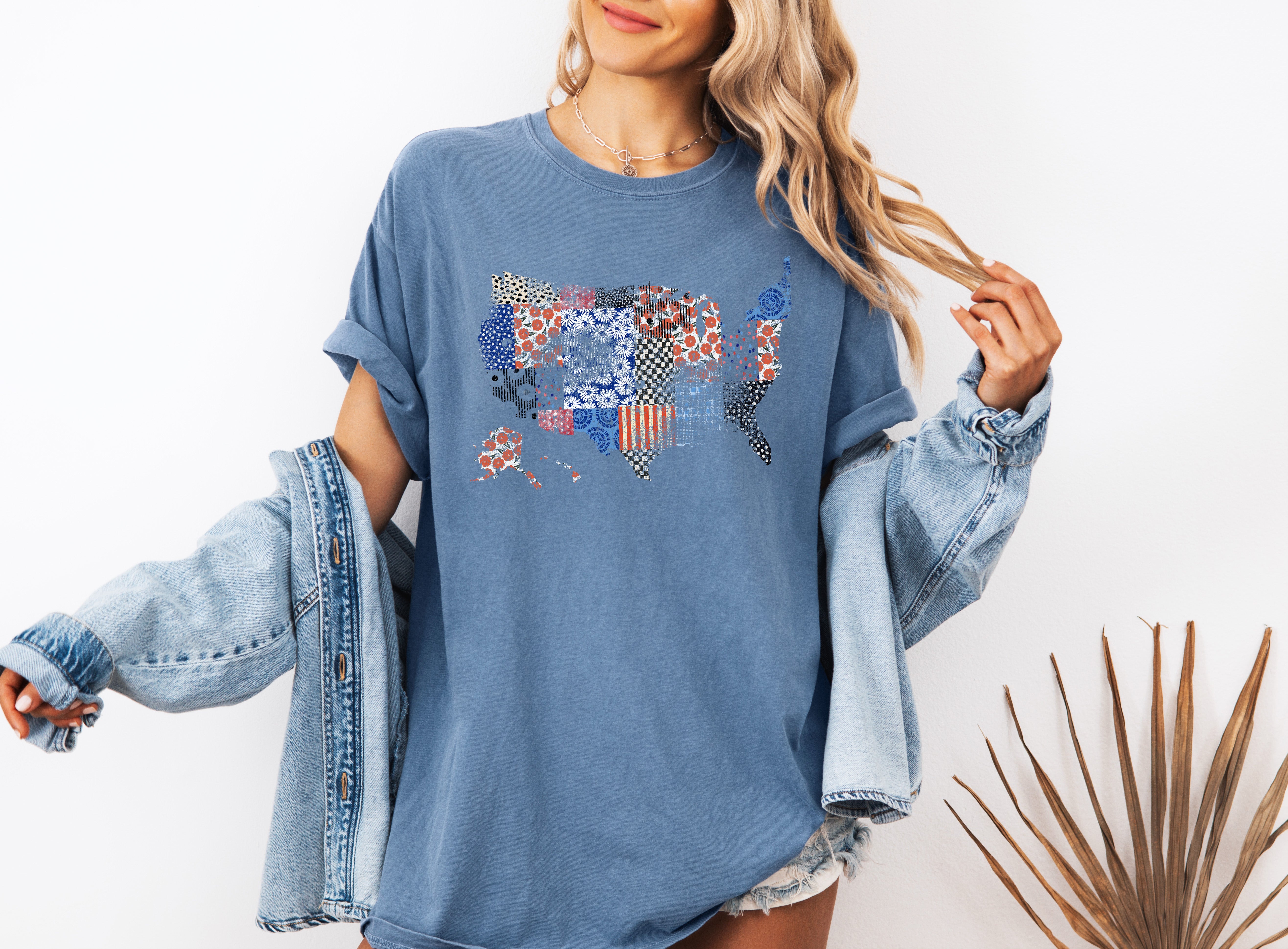 America map USA map Flag flower Garment Dyed T Shirt