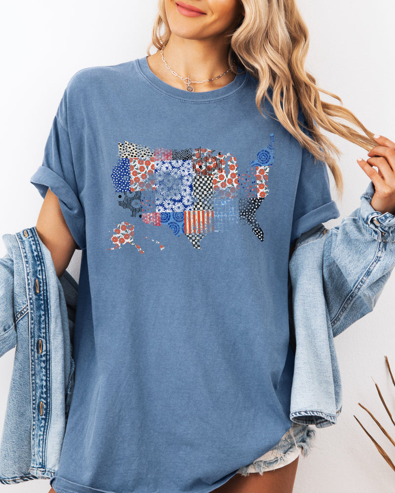 America map USA map Flag flower Garment Dyed T Shirt