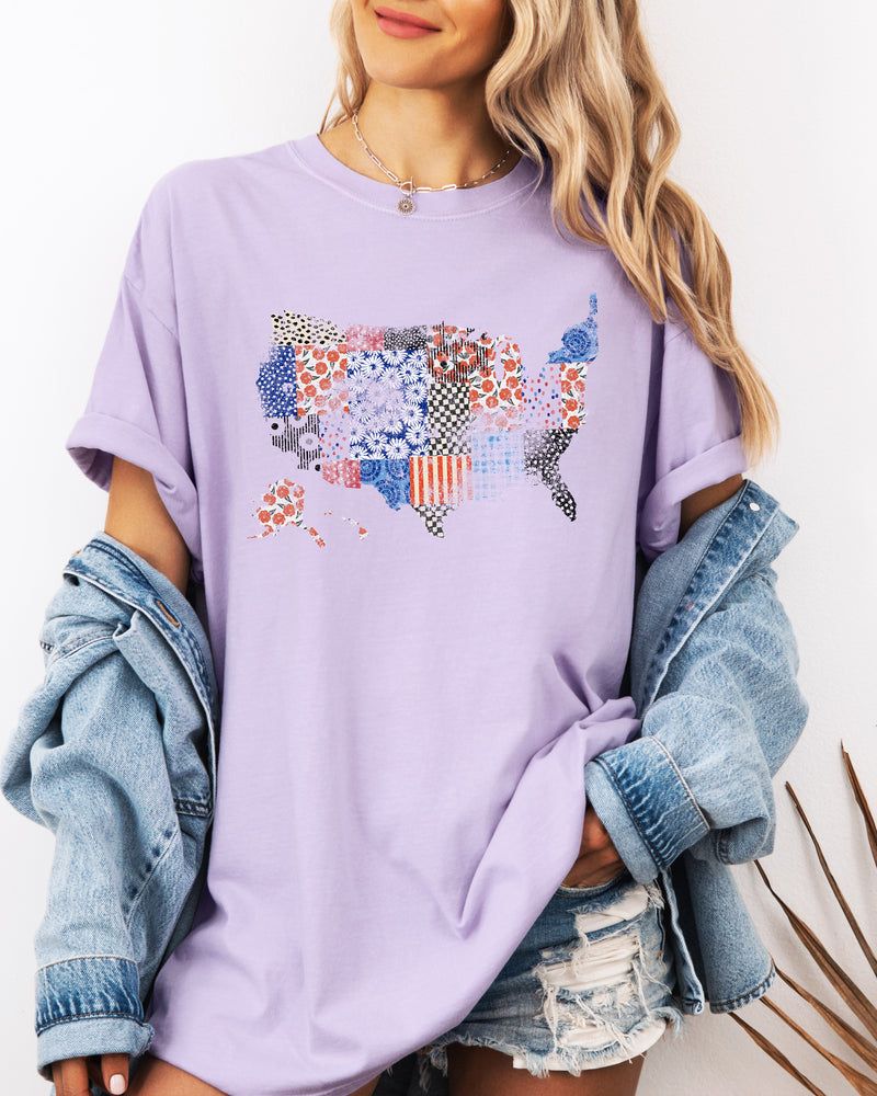 America map USA map Flag flower Garment Dyed T Shirt