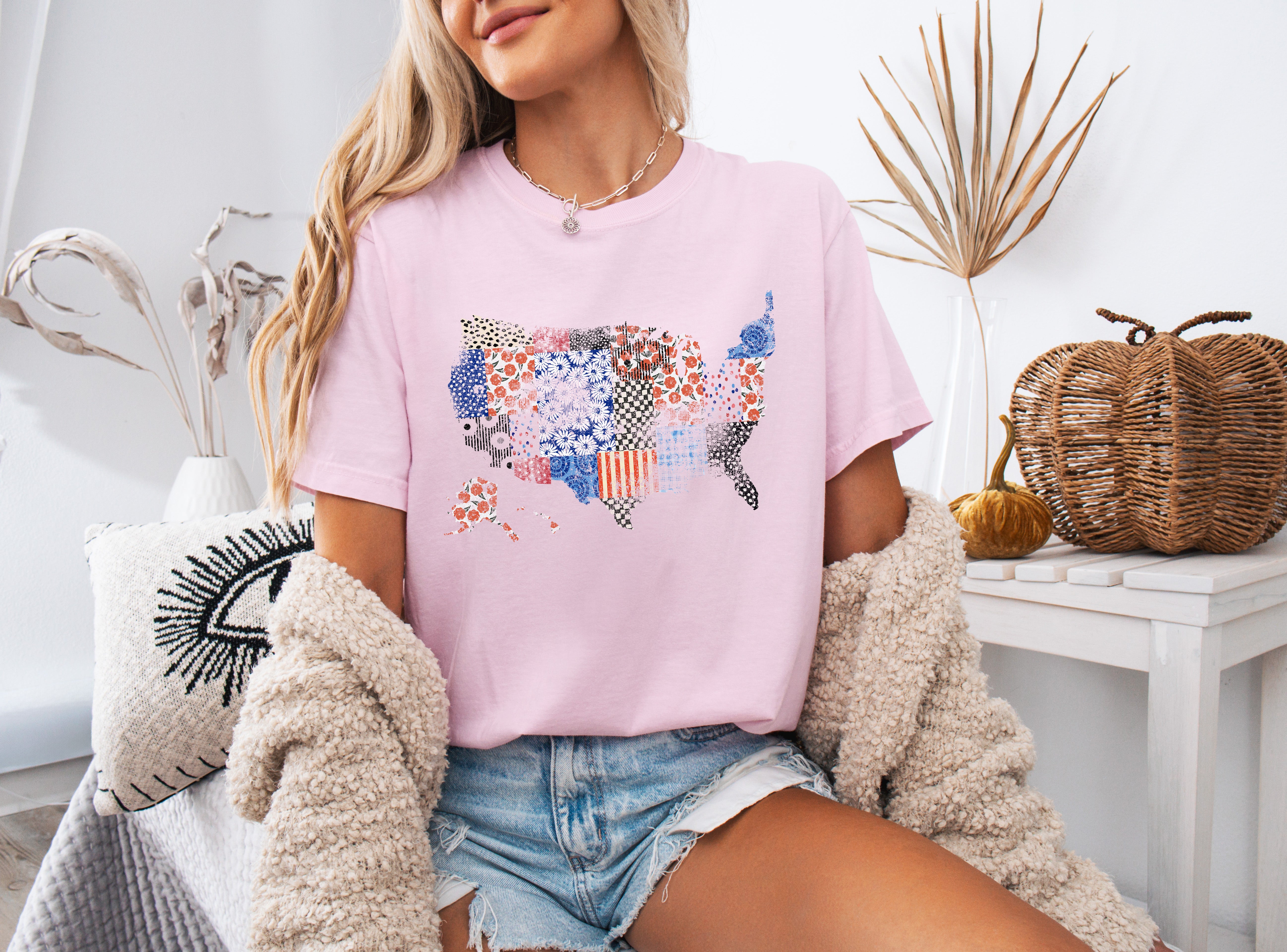 America map USA map Flag flower Garment Dyed T Shirt