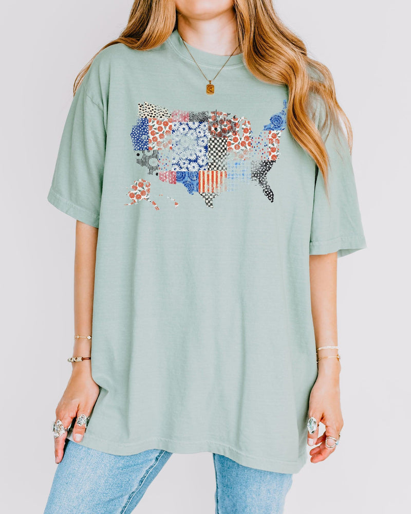 America map USA map Flag flower Garment Dyed T Shirt