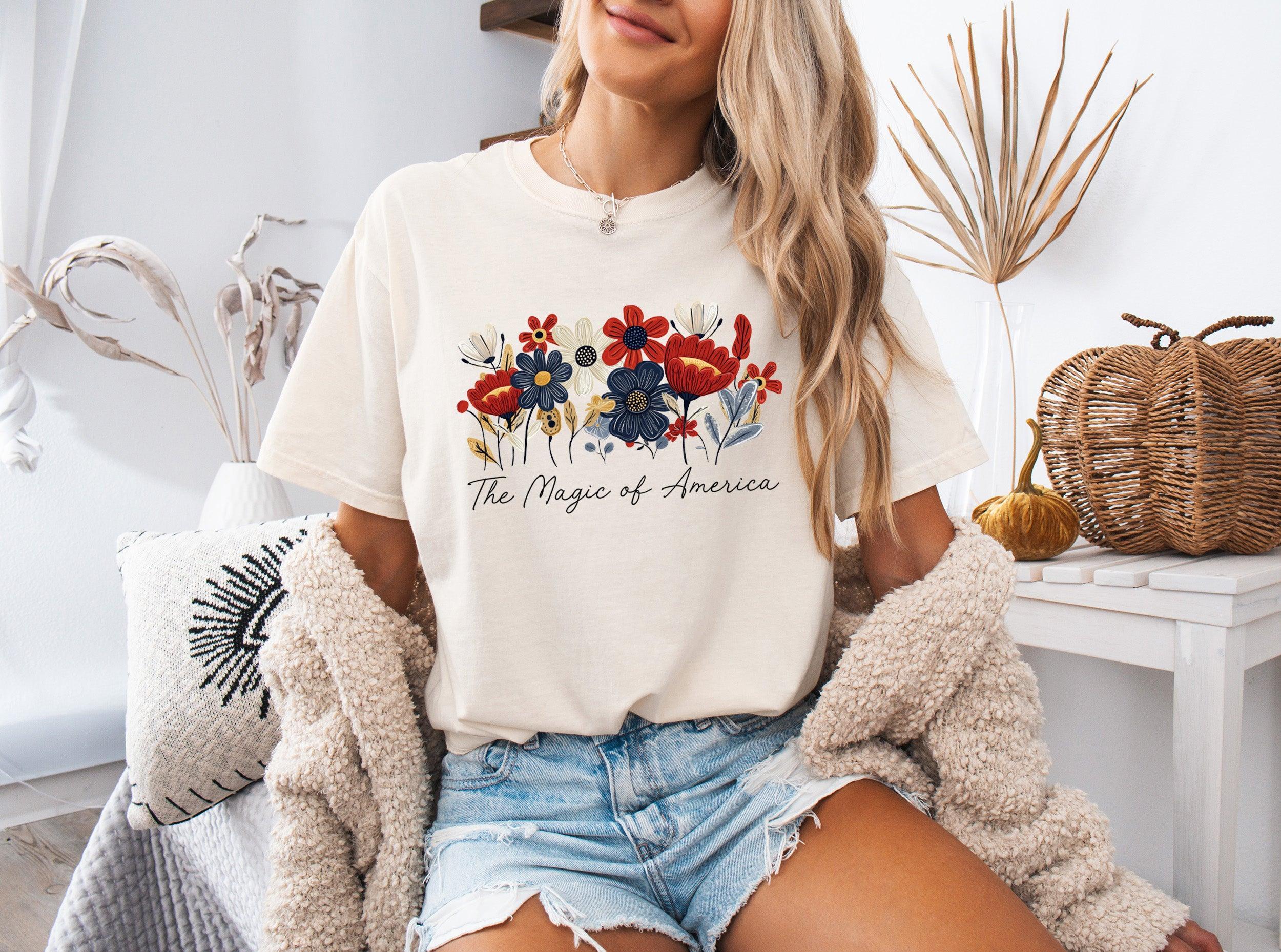 America the Magic of America USA Flag flower Garment Dyed T Shirt