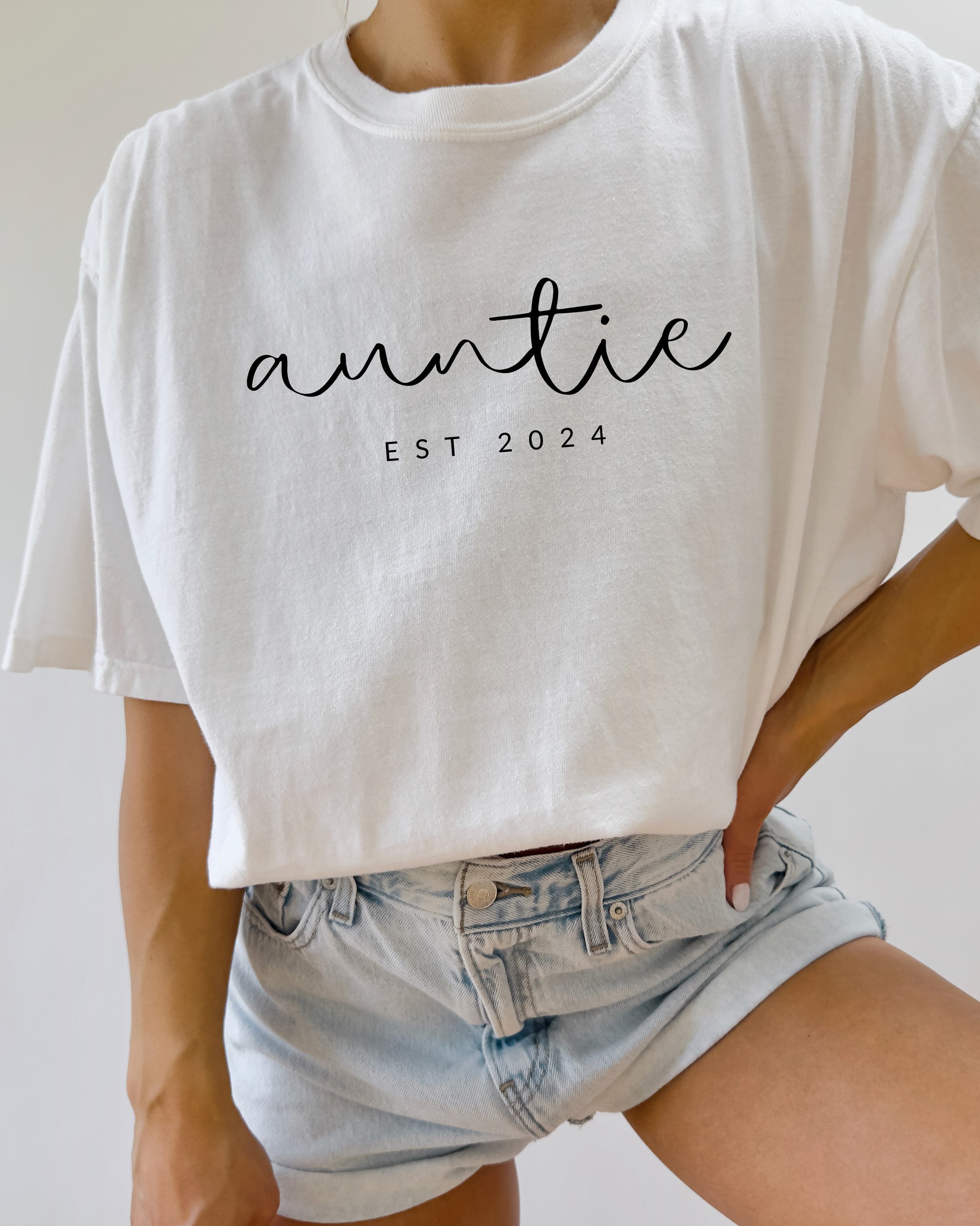 Auntie Personalized Est Year Comfort Colors Graphic Tees (Cursive)