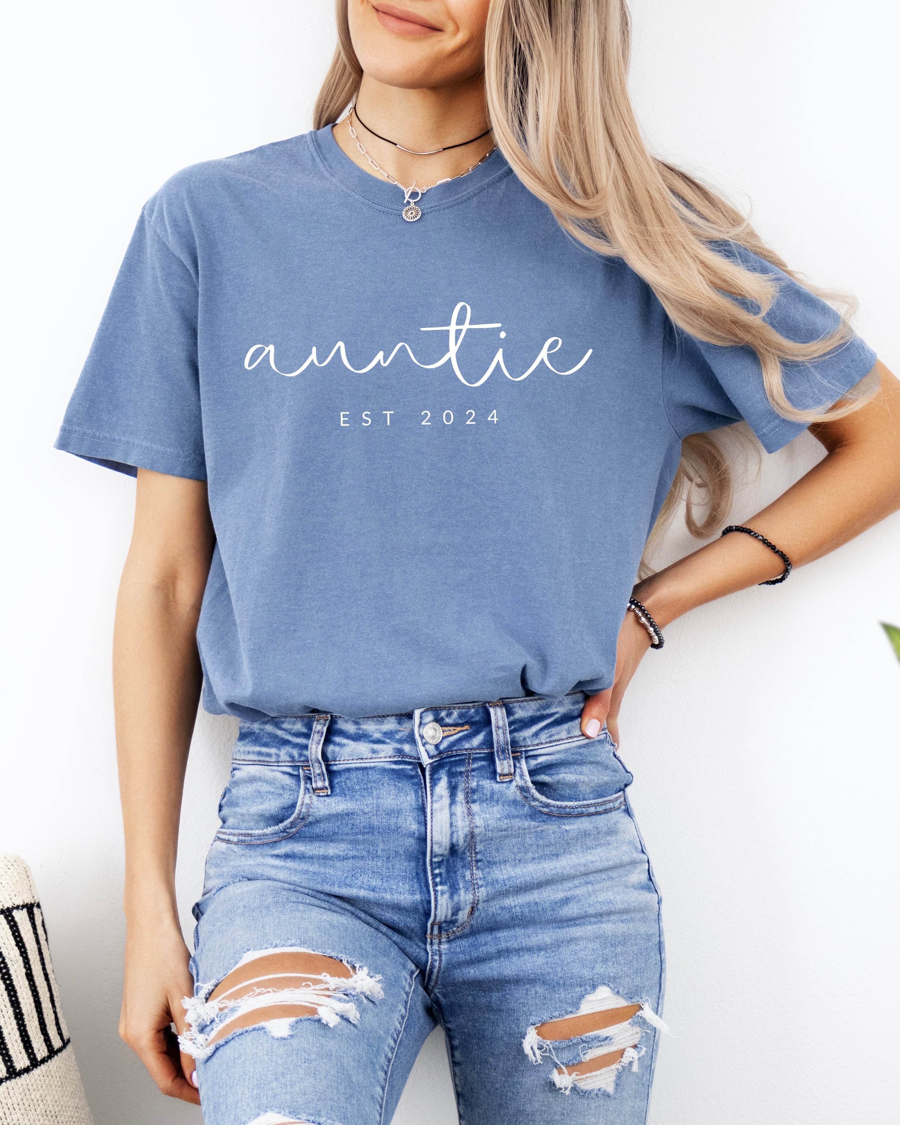 Auntie Personalized Est Year Comfort Colors Graphic Tees (Cursive)