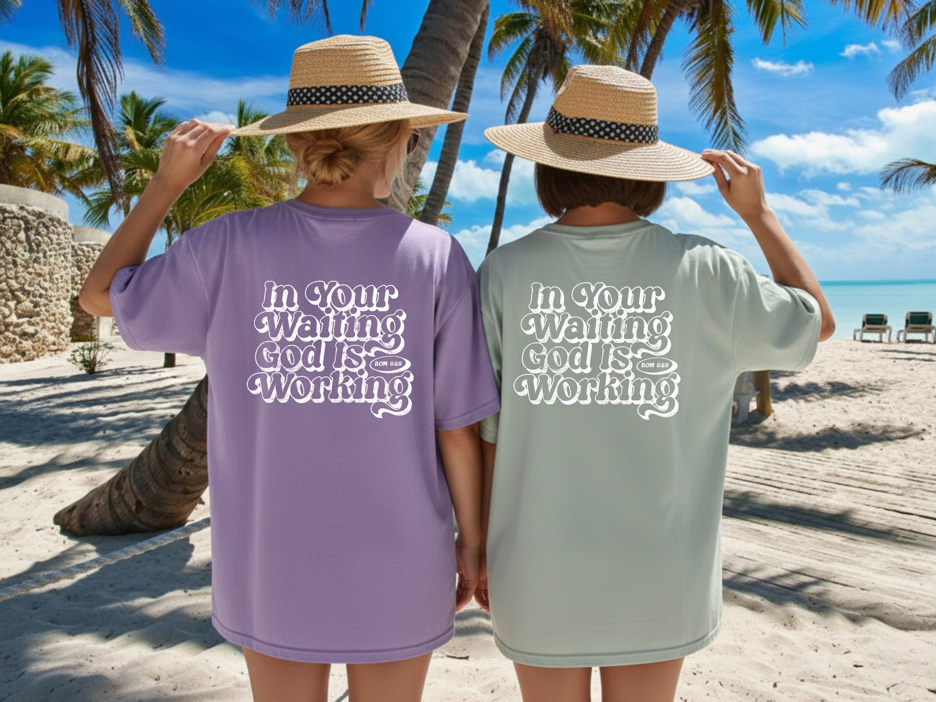 In the waiting God is working Comfort Colors T Shirt Religious Jesus Bible (Outlined Groovy)