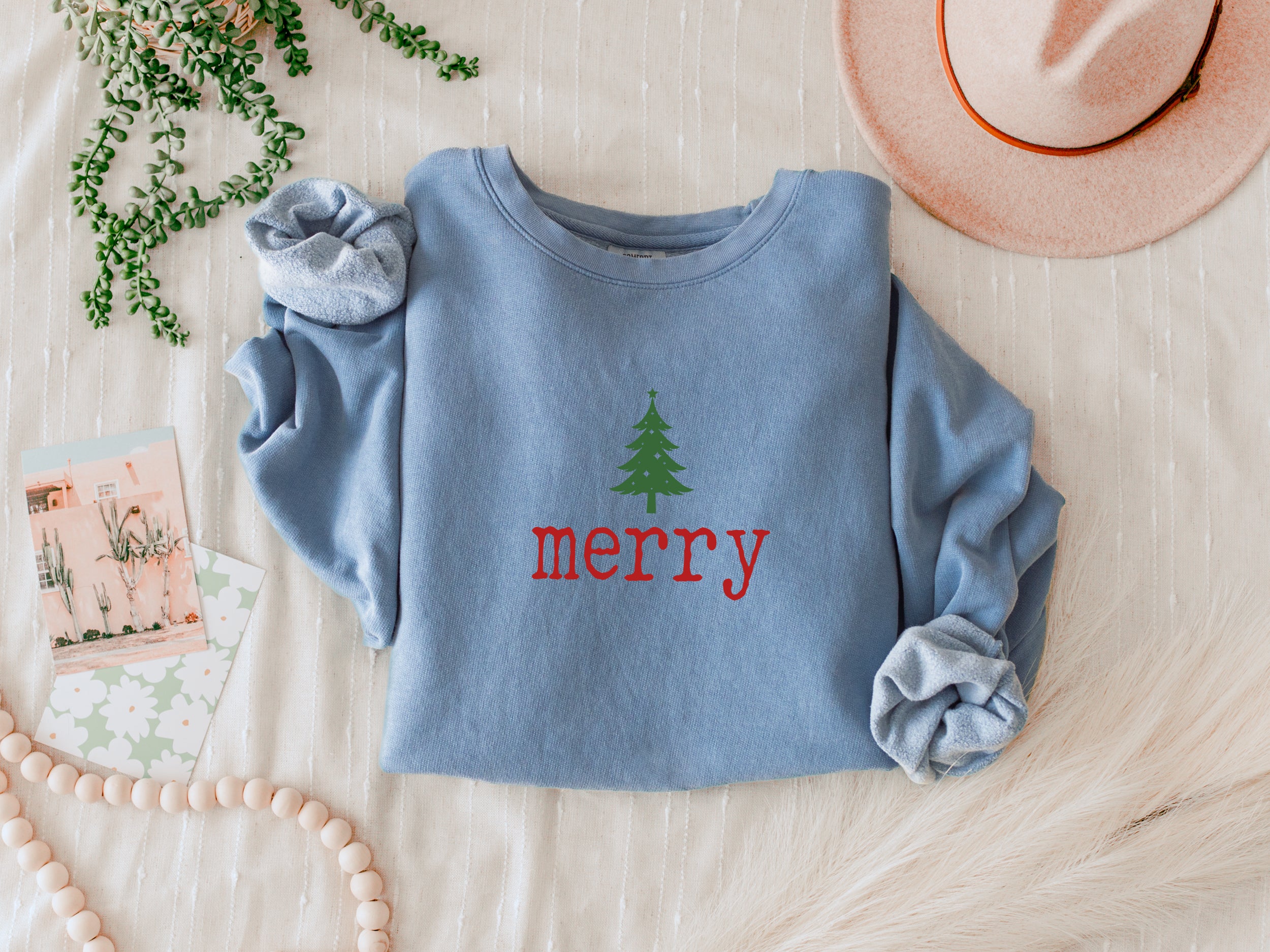 Merry Christmas Tree Holiday Winter Fall Inspirational Garment Dyed Comfort Colors Sweatshirt (Merry)