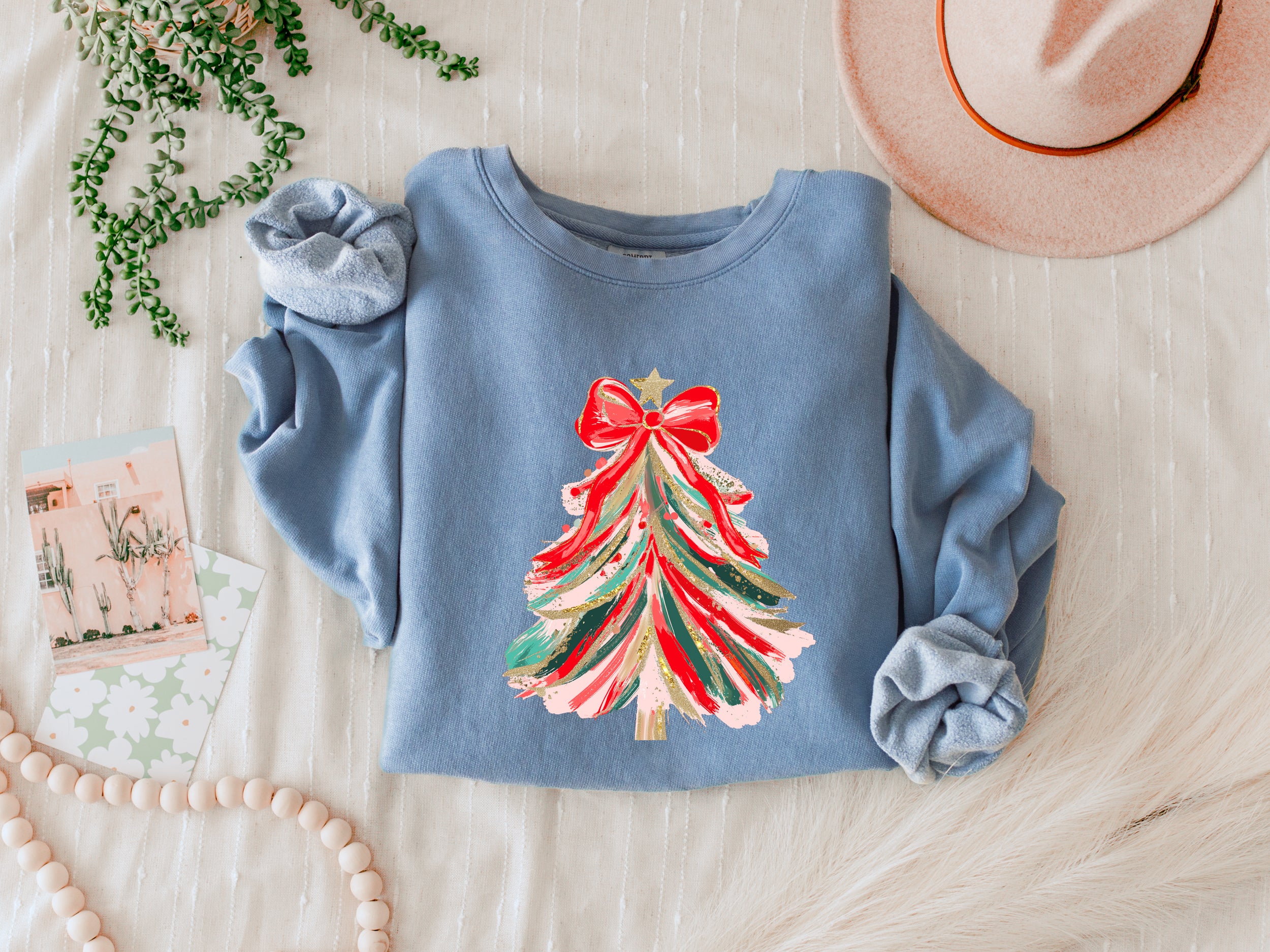 Merry Christmas Tree Holiday Winter Fall Inspirational Garment Dyed Comfort Colors Sweatshirt (Red Ribbon)