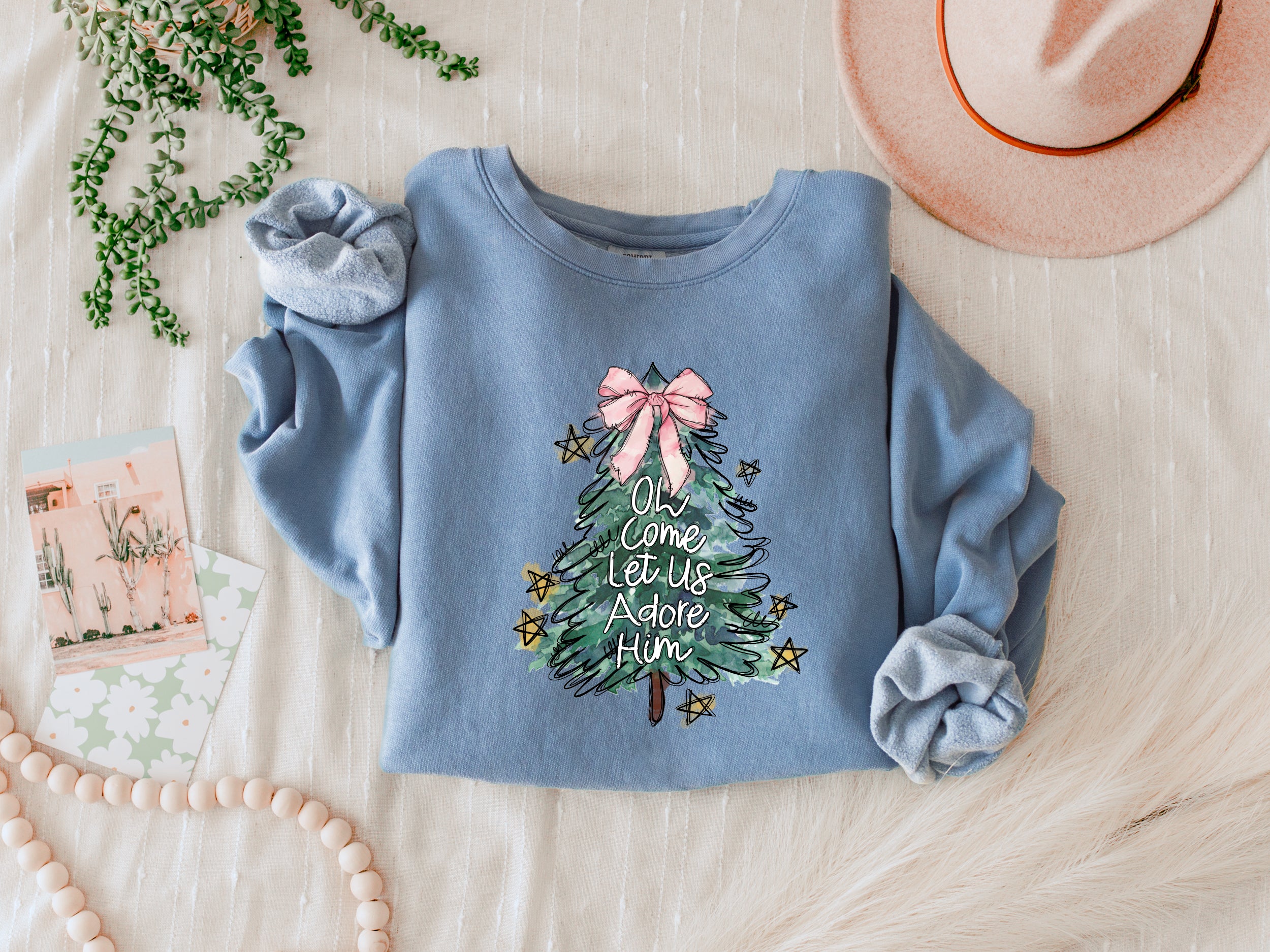 Merry Christmas Tree Christian O come let us adore him Winter Holiday Fall Autumn Inspirational Garment Dyed Comfort Colors Sweatshirt