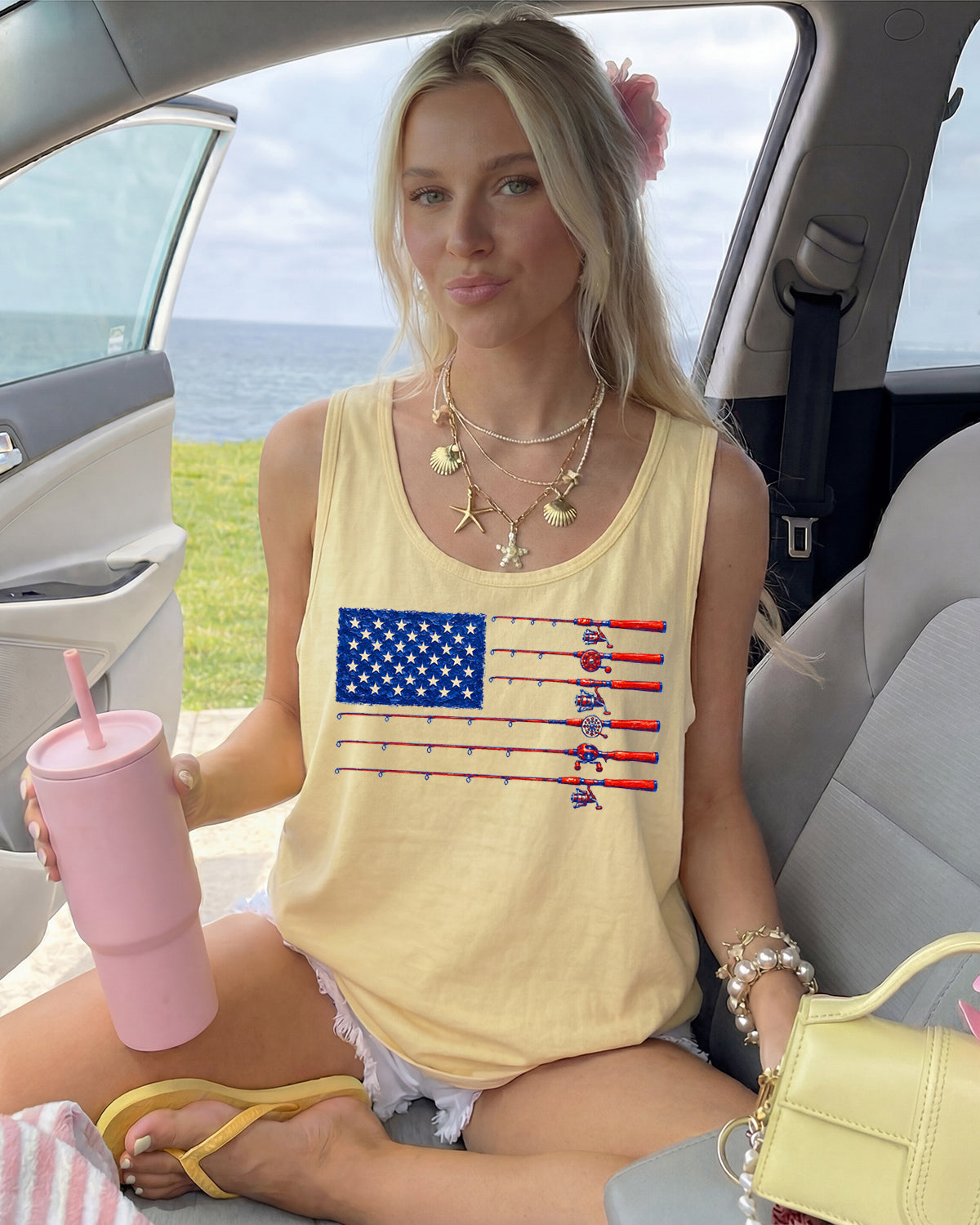 Comfort Colors Patriotic American flag Fishing USATank Top Women Unisex Gift for Dad 4th of July