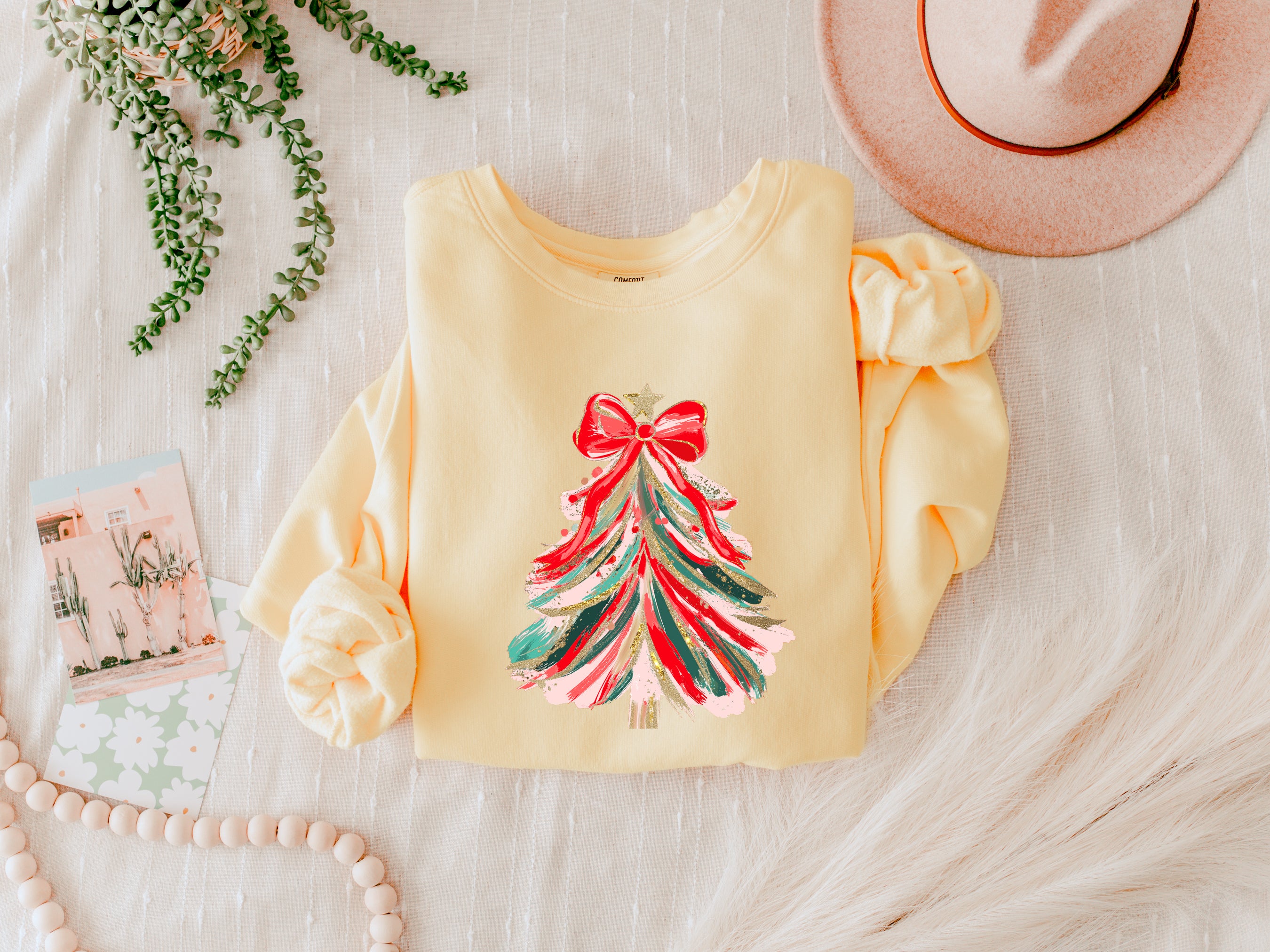 Merry Christmas Tree Holiday Winter Fall Inspirational Garment Dyed Comfort Colors Sweatshirt (Red Ribbon)