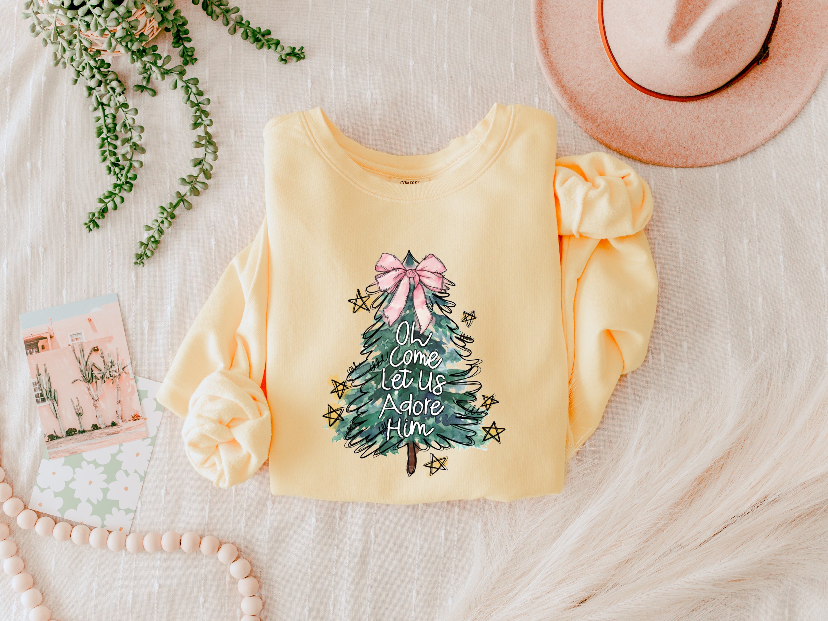 Merry Christmas Tree Christian O come let us adore him Winter Holiday Fall Autumn Inspirational Garment Dyed Comfort Colors Sweatshirt
