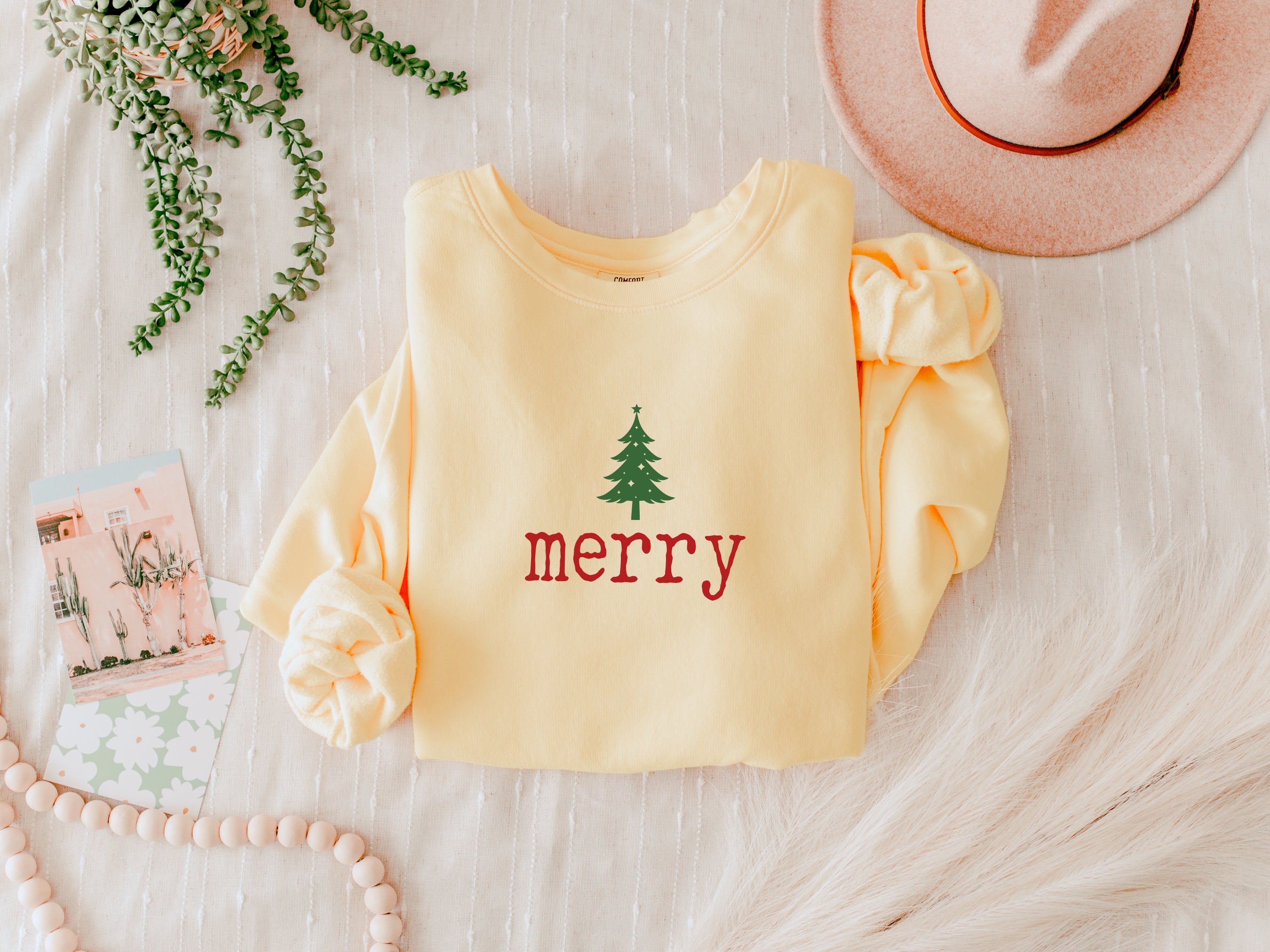 Merry Christmas Tree Holiday Winter Fall Inspirational Garment Dyed Comfort Colors Sweatshirt (Merry)