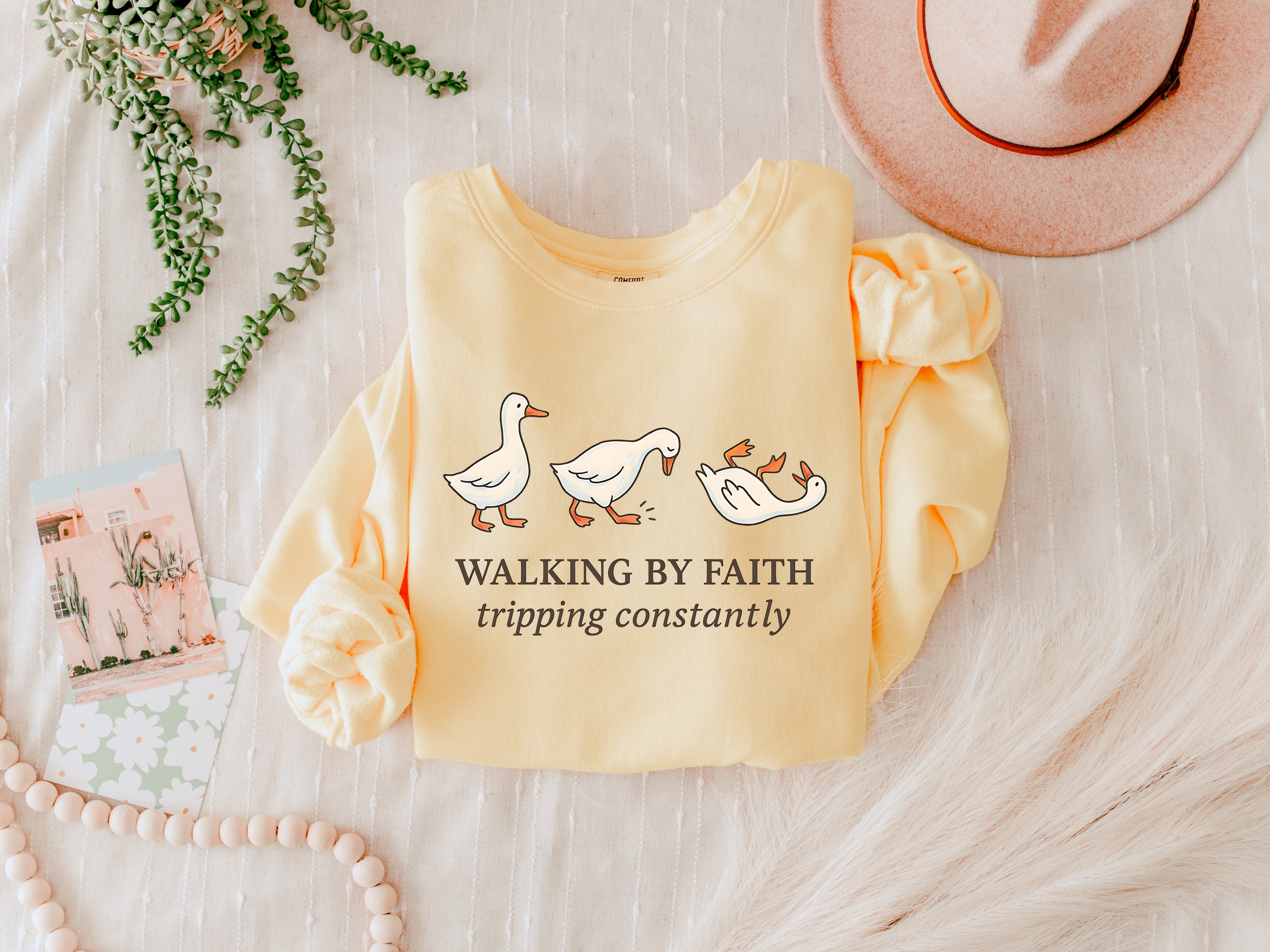 Walking by faith tripping constantly Duck Jesus Inspirational Christian Garment Dyed Comfort Colors Sweatshirt