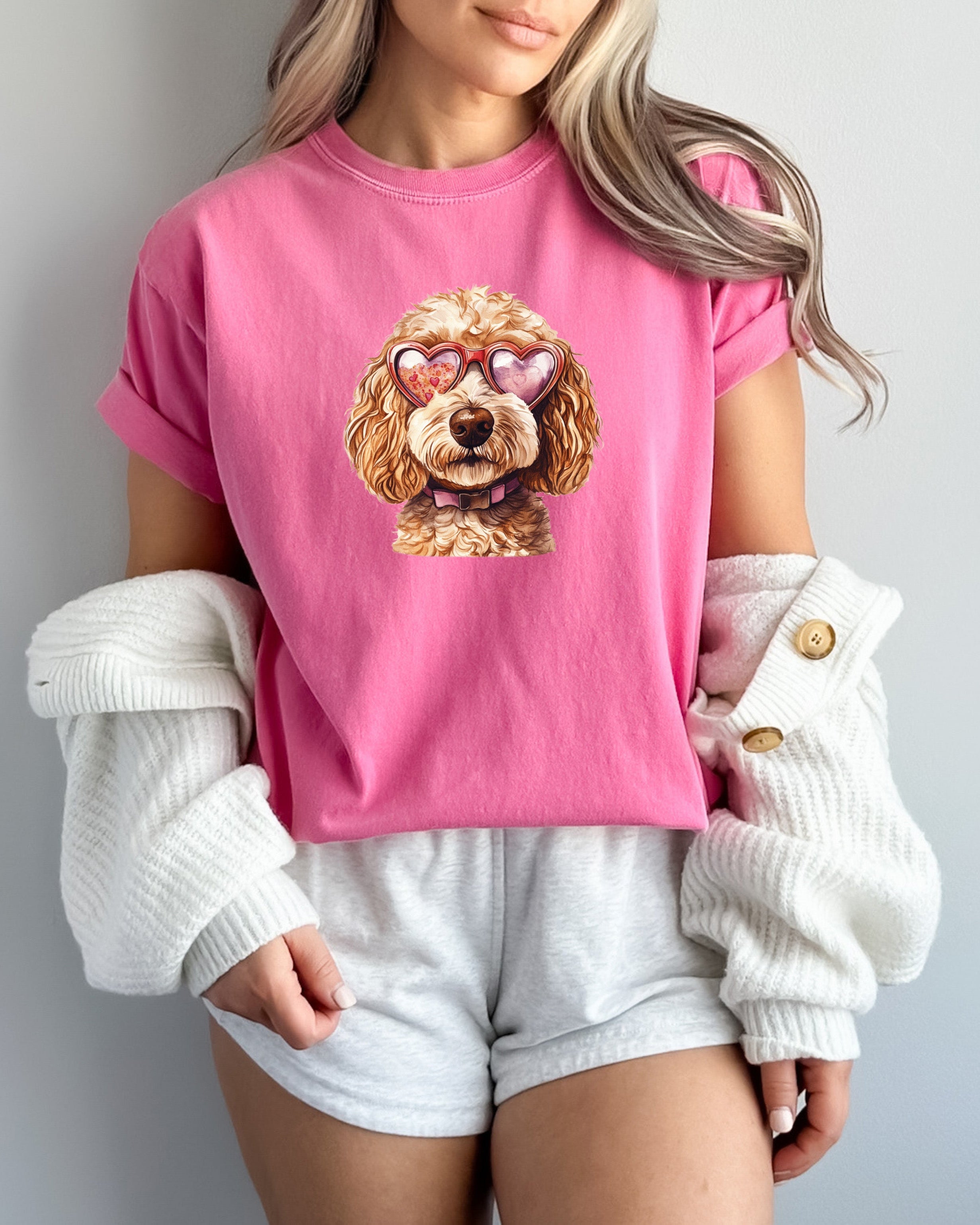 Golden Doodle Valentine's day Dog Mom Heart Comfort Colors Garment Dyed T Shirt (glasses)