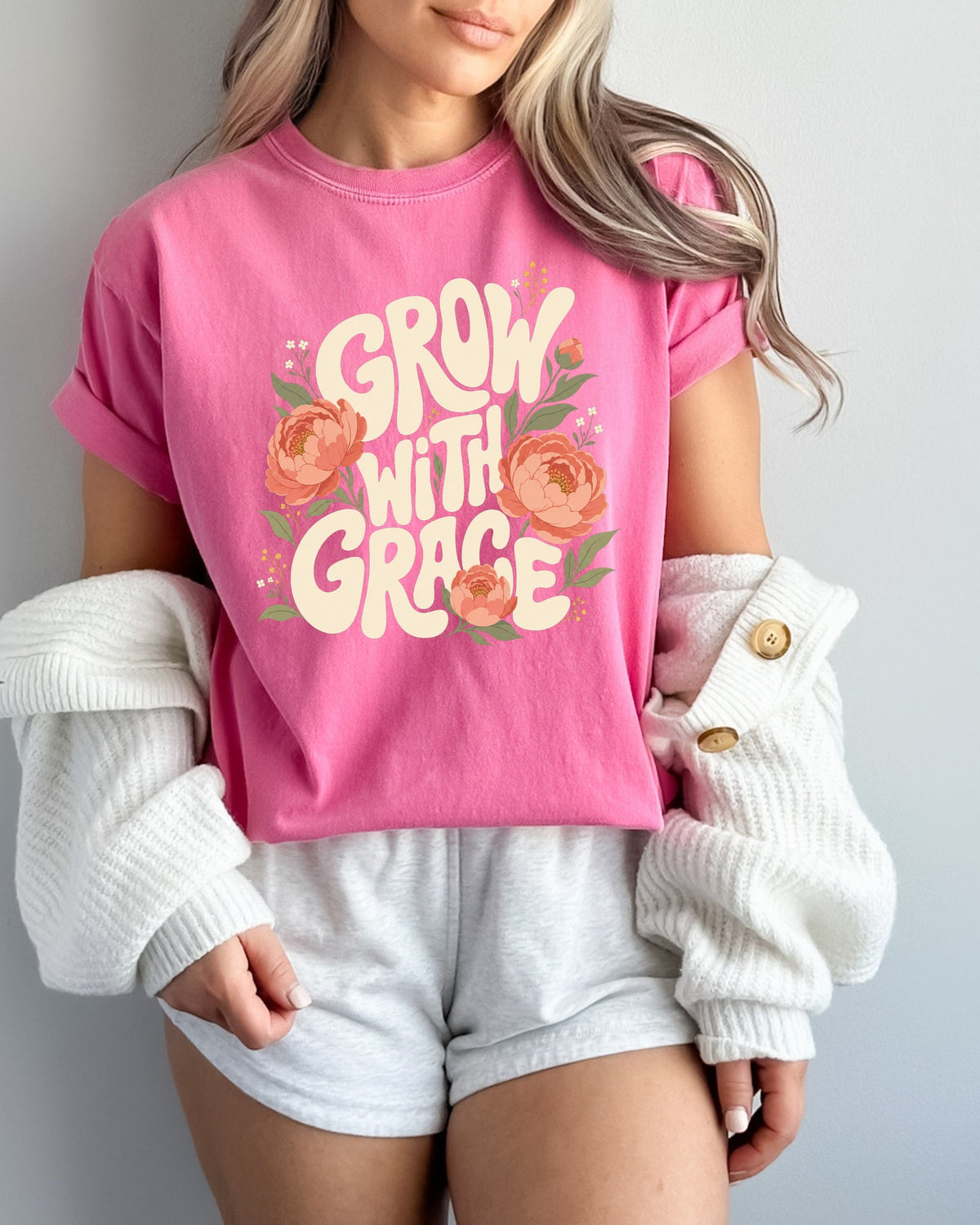 Grow With Grace Christian Flower Comfort Colors T-Shirt, Jesus Bible Gift
