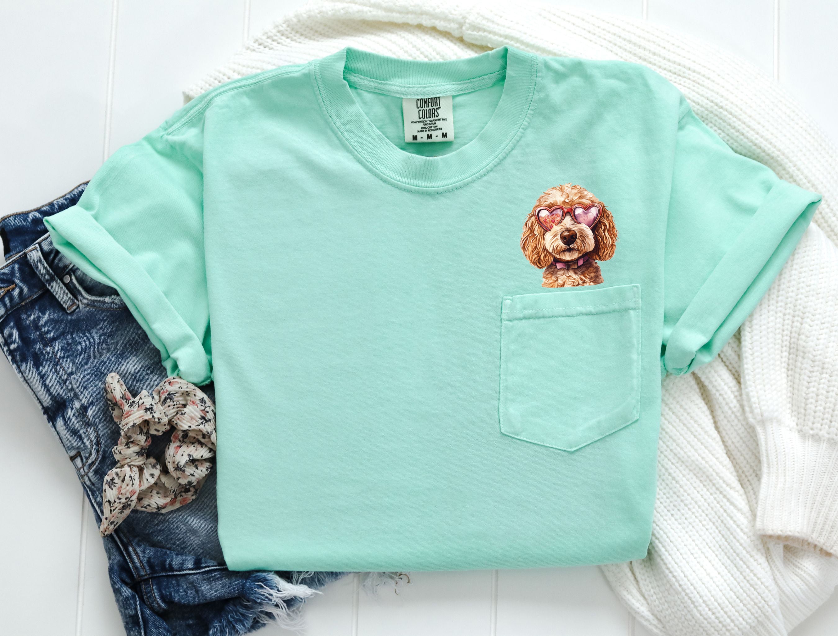 Golden Doodle Heart Glasses Dog Comfort Colors Pocket T Shirt