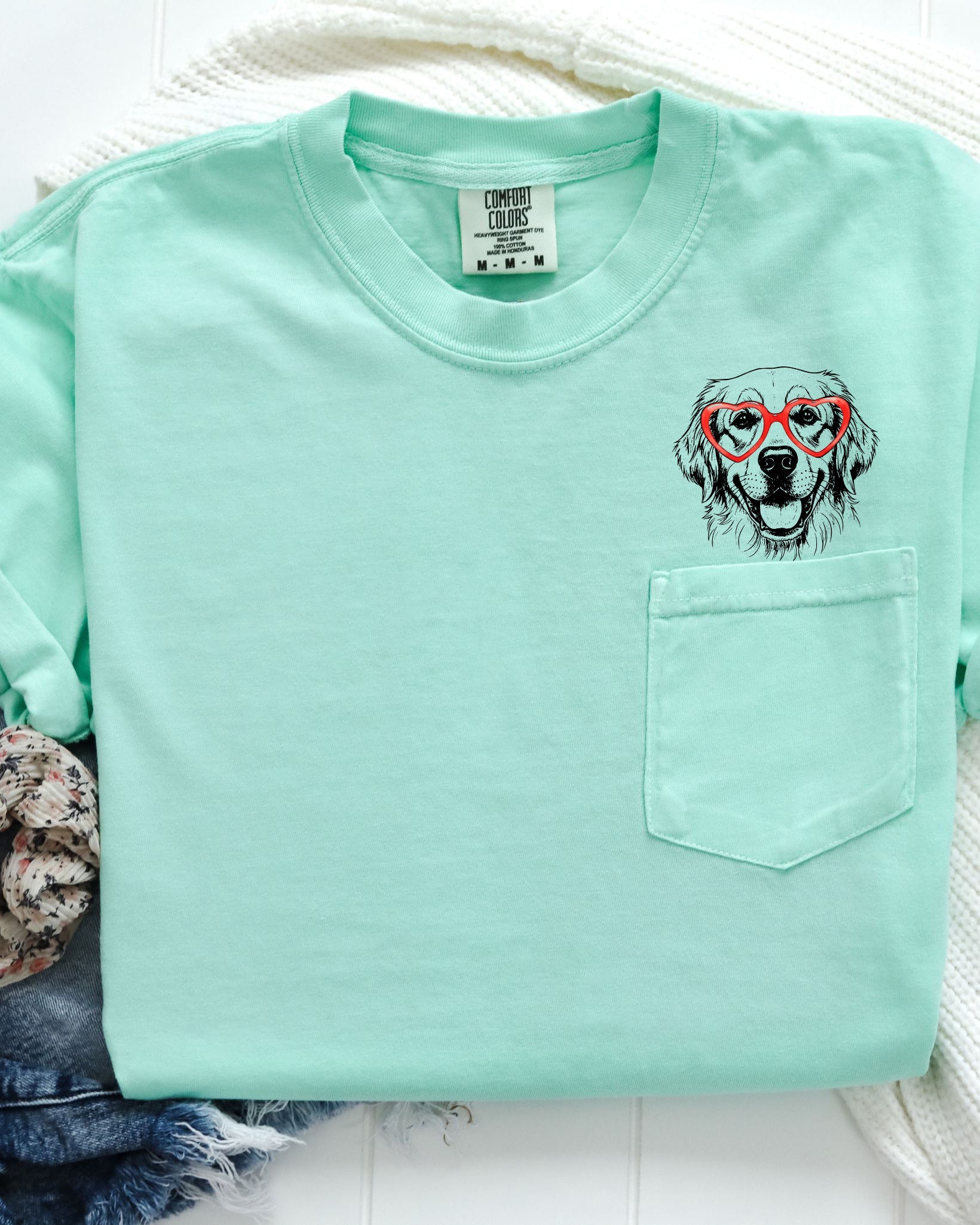 Golden Retriever Heart Glasses Dog Comfort Colors Pocket T Shirt