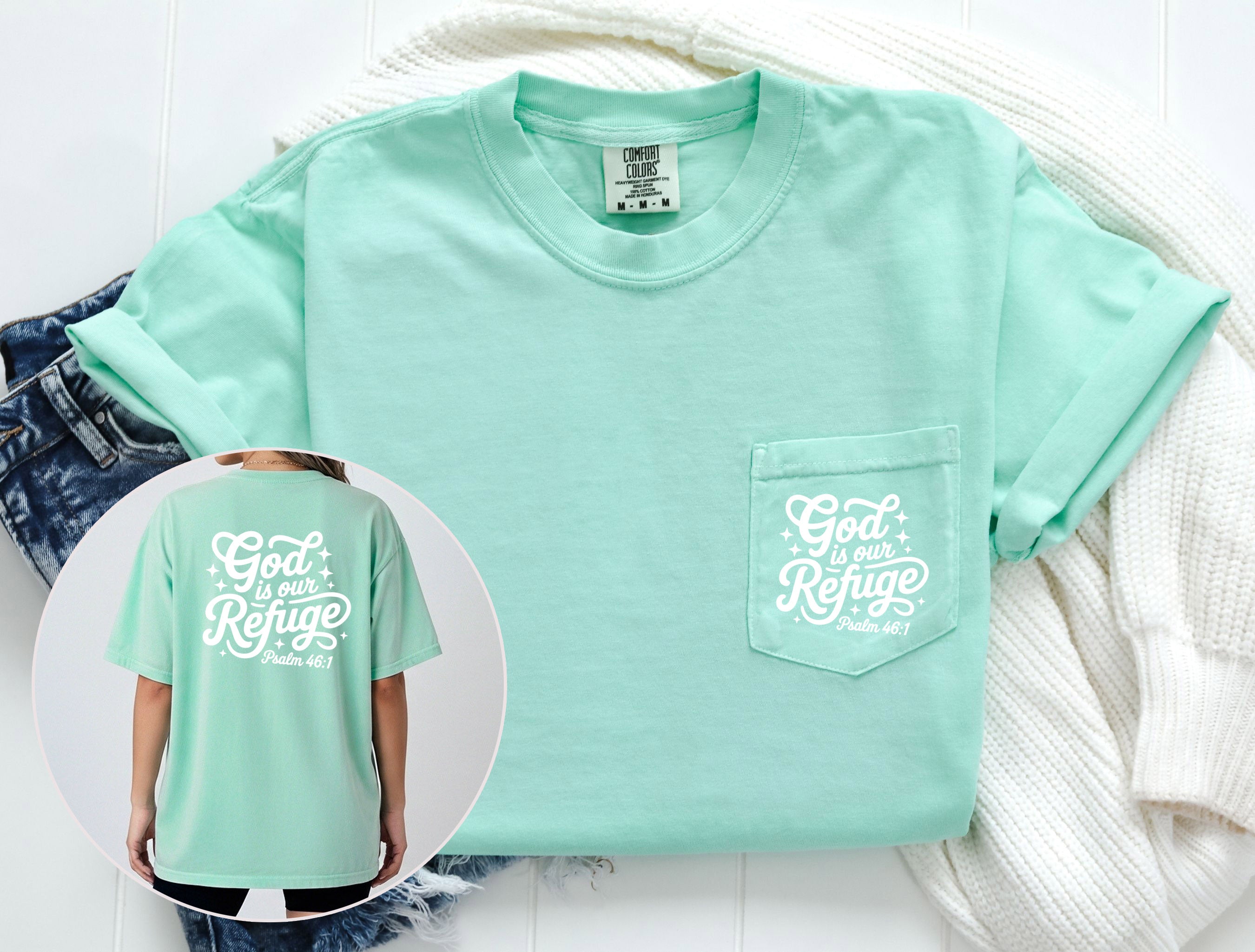 God is our Refuge Psalm Jesus Christian Comfort Colors Pocket T Shirt