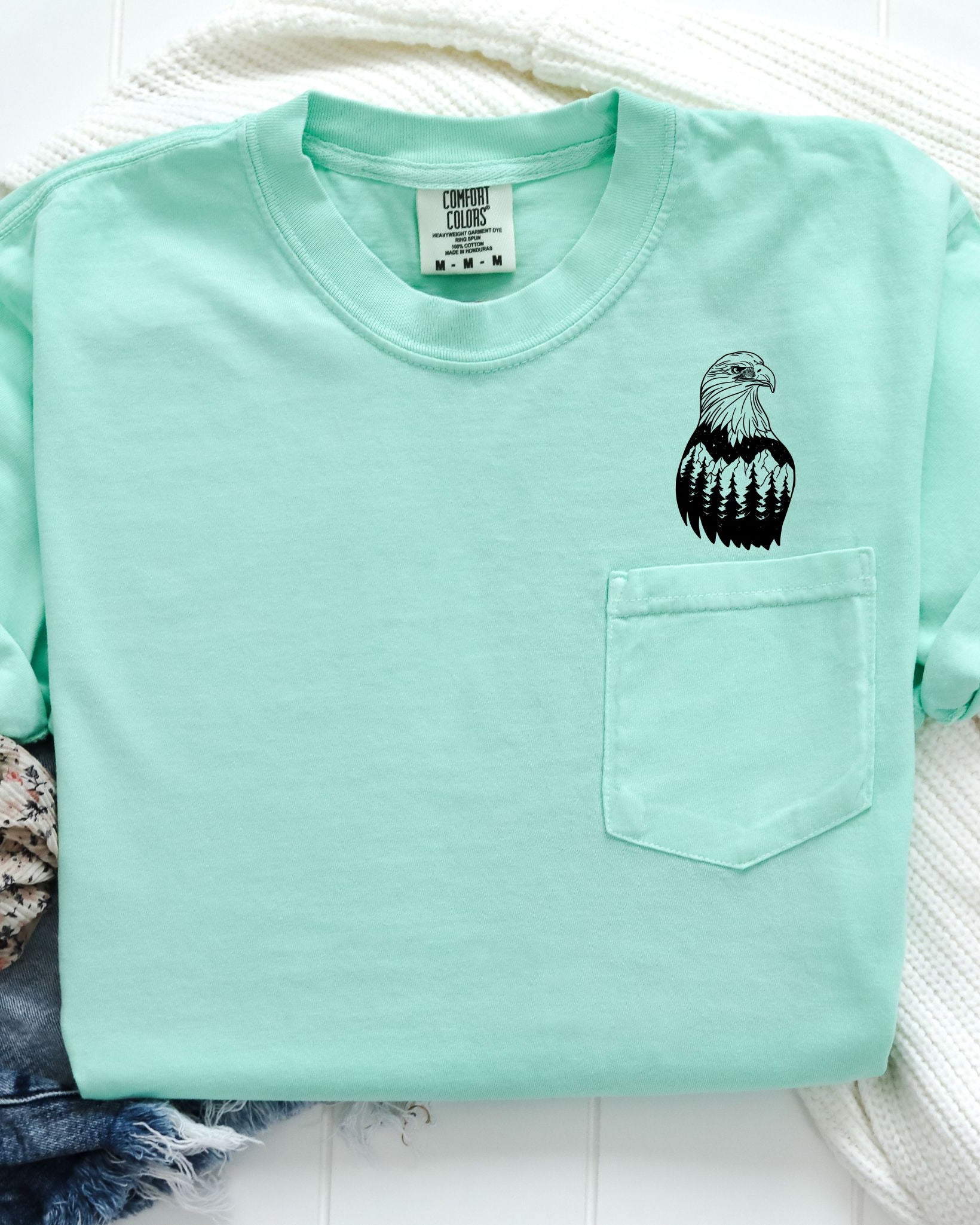 America Eagle Mountain Camping Nature 100% cotton Comfort Colors Pocket T-Shirt – Outdoor Graphic Tee