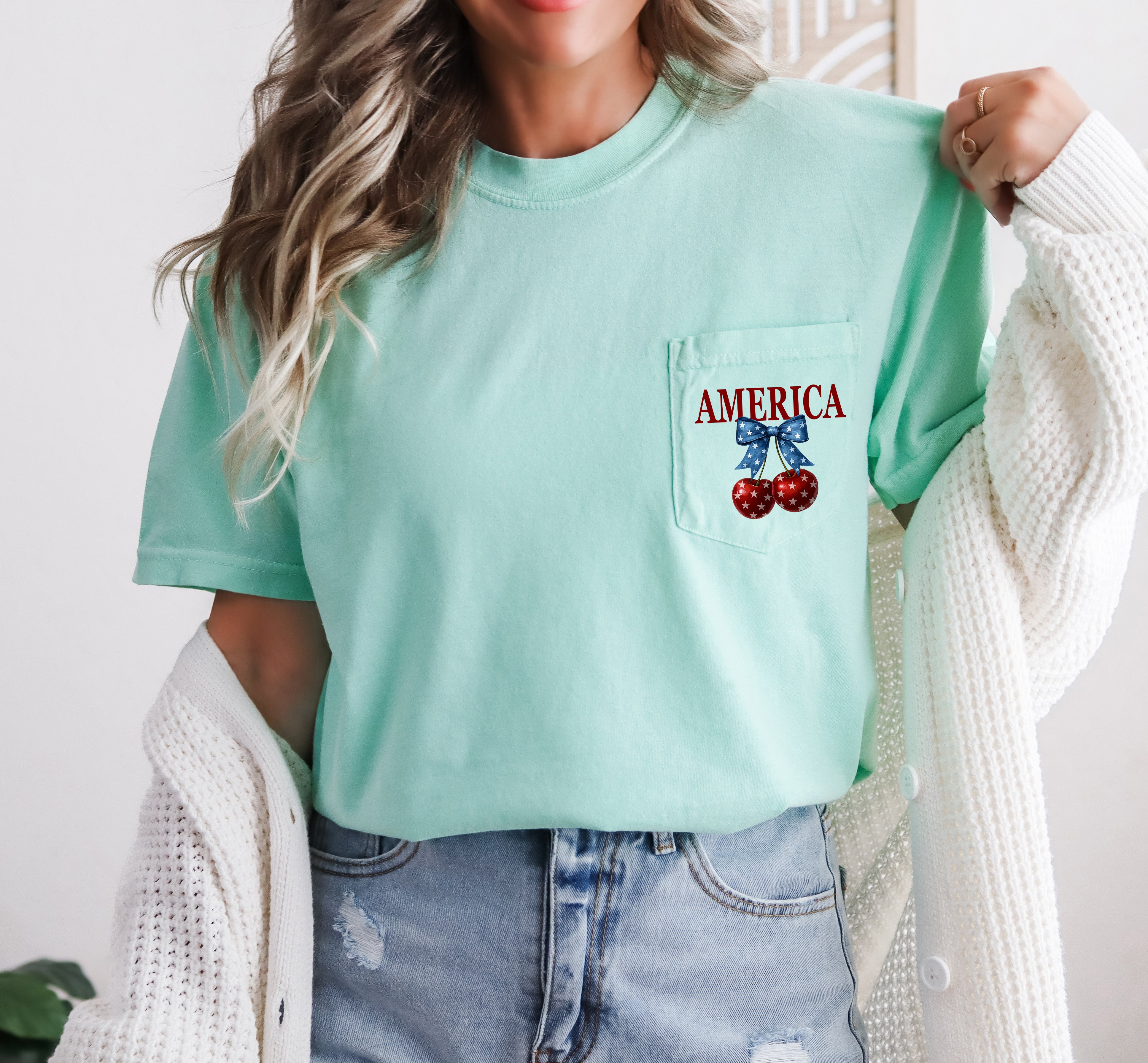 American Flag USA Cherry Comfort Colors Pocket T-Shirt – Independence Day & Memorial Day Patriotic Veterans