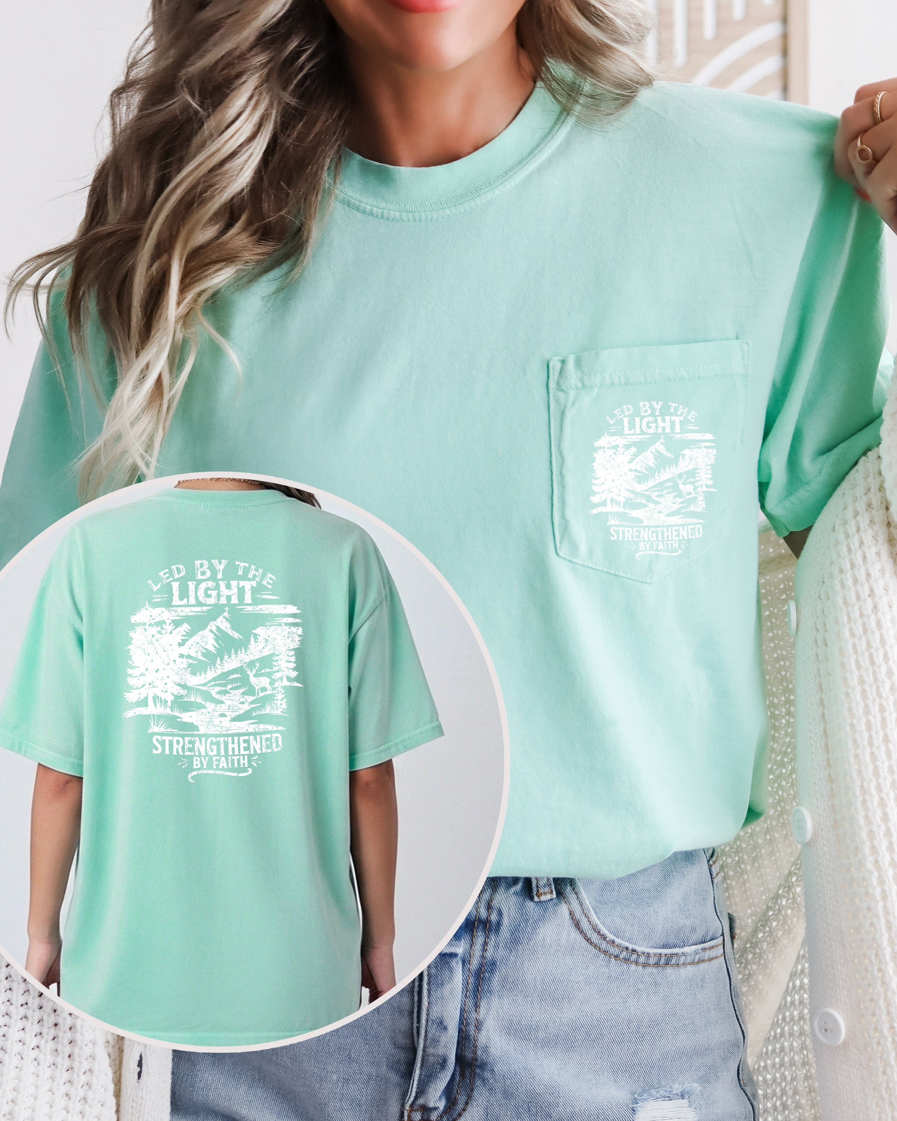 Led by Light Faith Christian Comfort Colors Pocket T Shirt