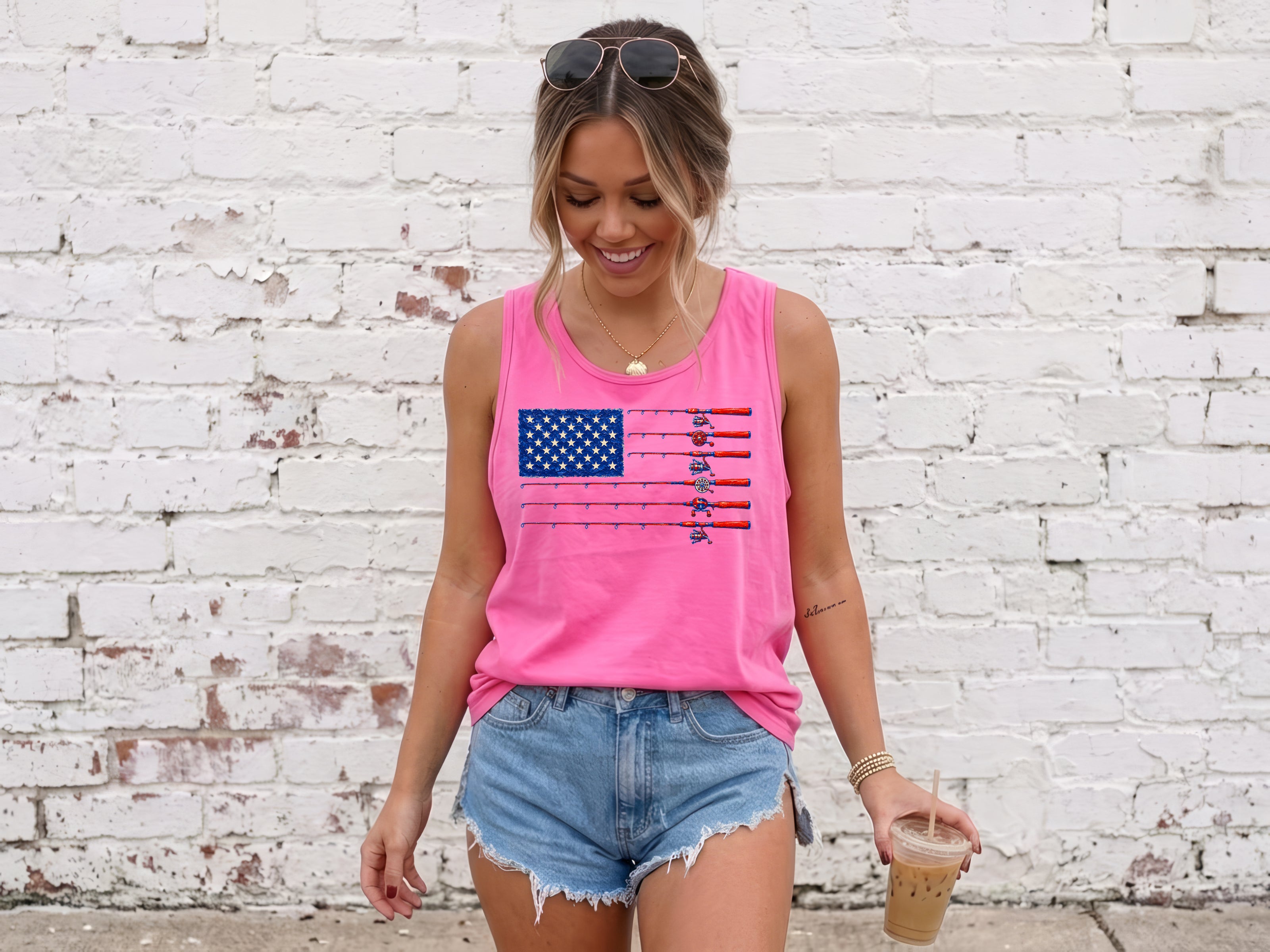 Comfort Colors Patriotic American flag Fishing USATank Top Women Unisex Gift for Dad 4th of July