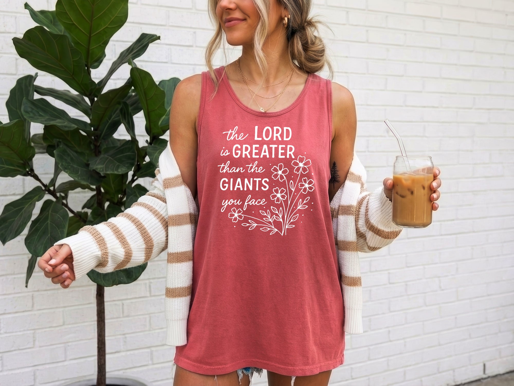 The Lord is greater than the giant Flower Psalm Christian Comfort Colors Tank Top Faith Bible Jesus